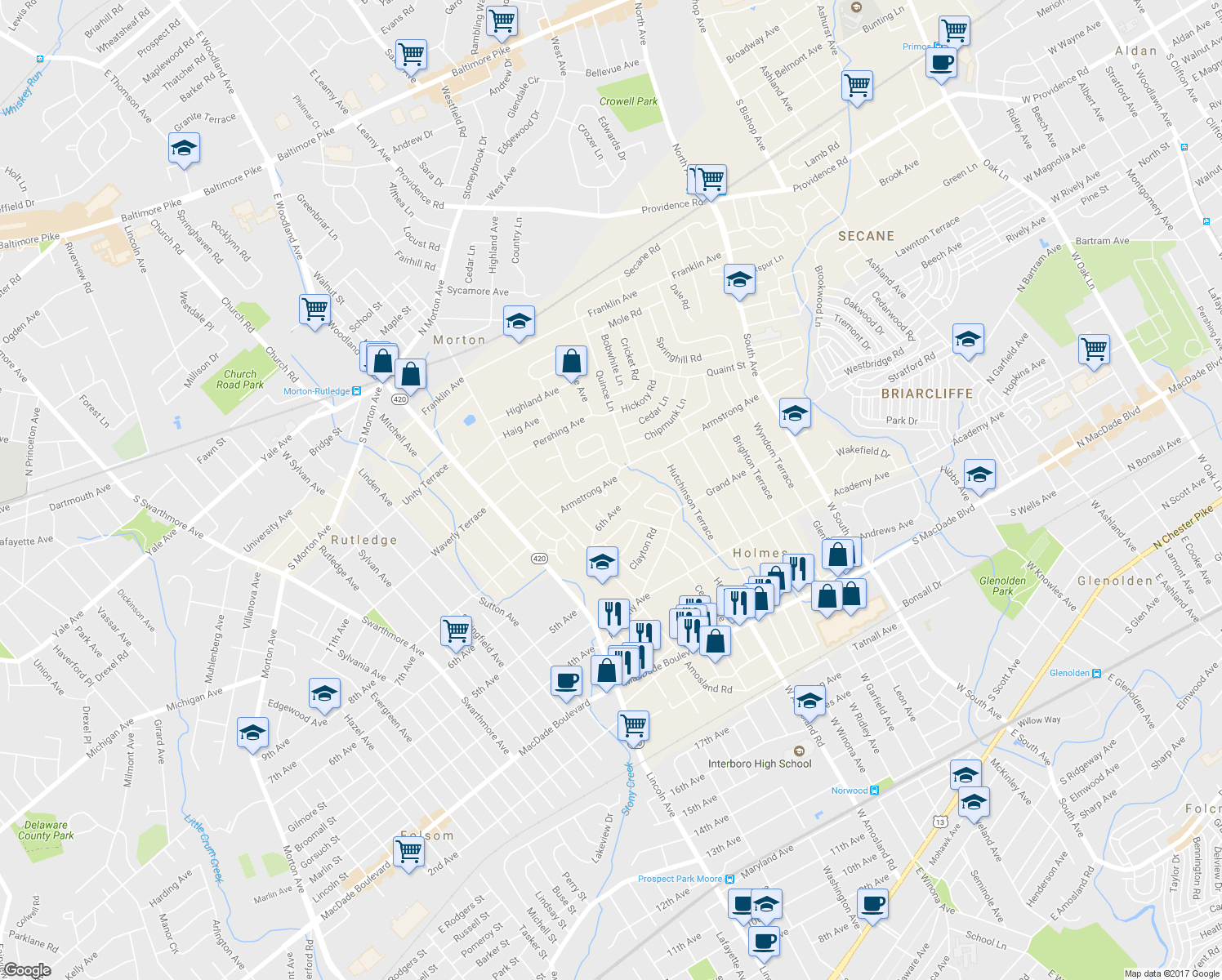 map of restaurants, bars, coffee shops, grocery stores, and more near 624 Lee Terrace in Morton
