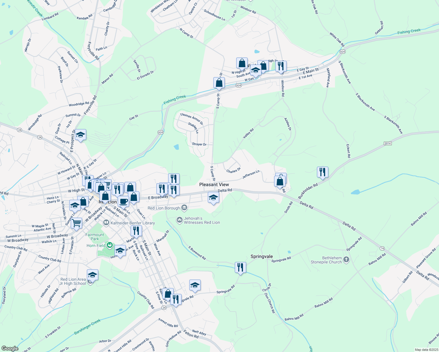 map of restaurants, bars, coffee shops, grocery stores, and more near 315 South Camp Street in Red Lion