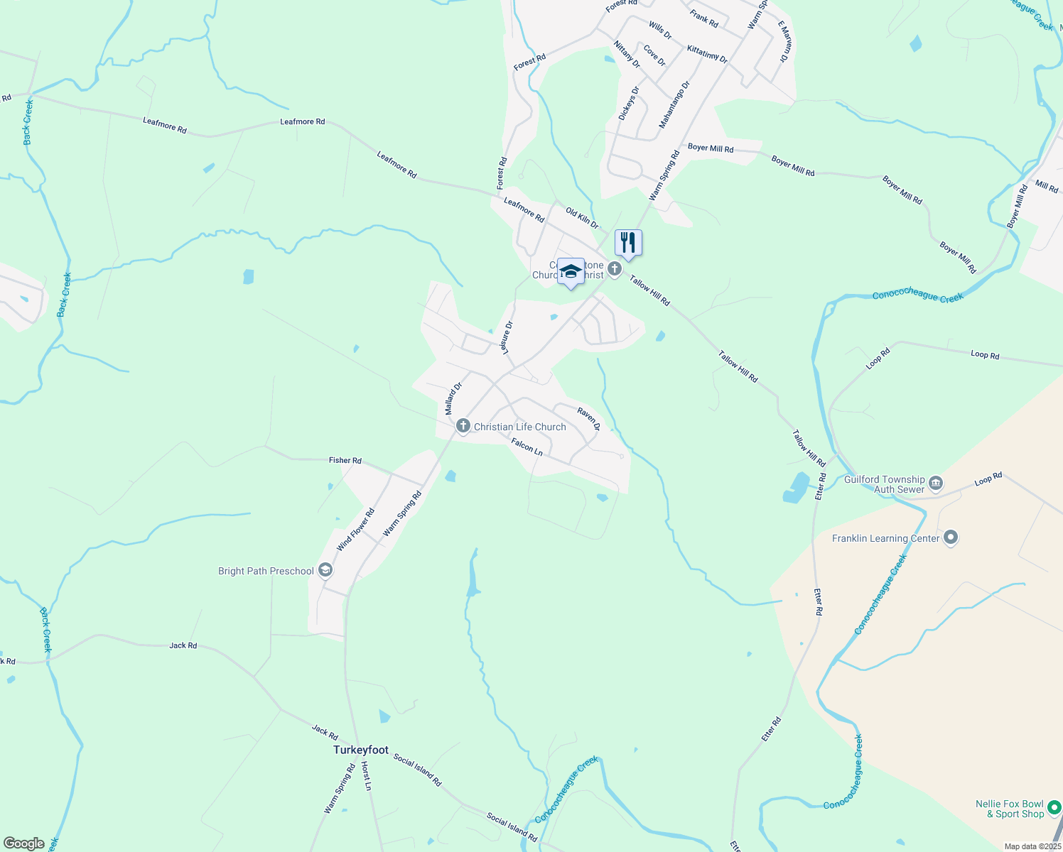 map of restaurants, bars, coffee shops, grocery stores, and more near 1827 Wood Duck Drive East in Chambersburg
