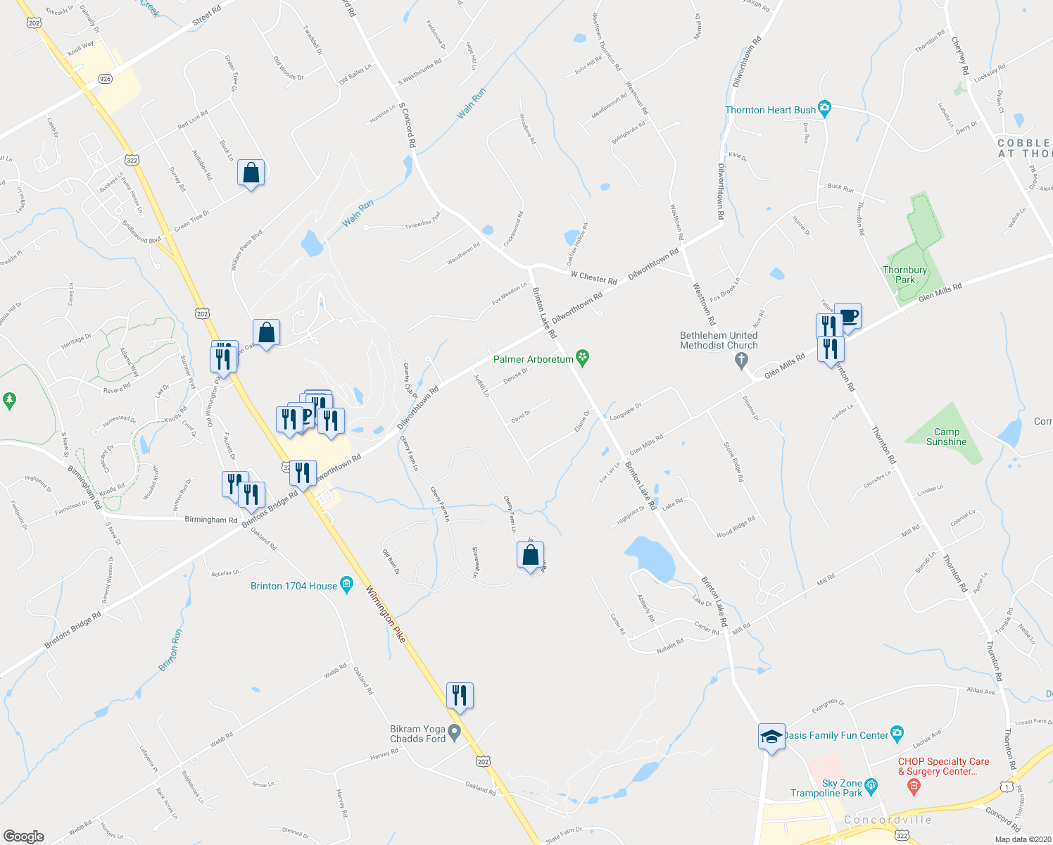 map of restaurants, bars, coffee shops, grocery stores, and more near 6 David Drive in Thornton