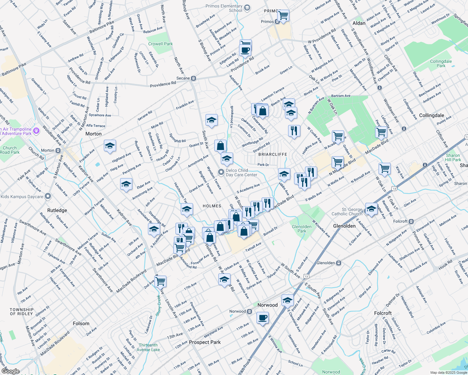 map of restaurants, bars, coffee shops, grocery stores, and more near 416 South Avenue in Holmes