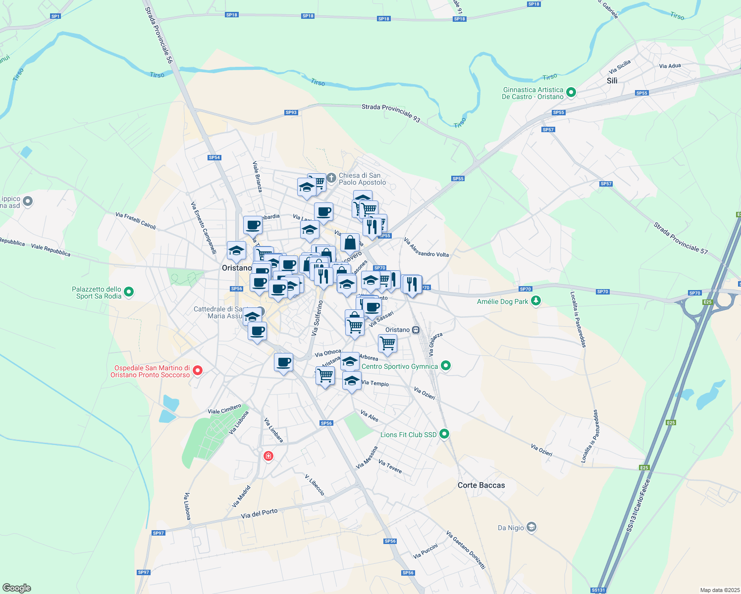 map of restaurants, bars, coffee shops, grocery stores, and more near 59 Via San Simaco in Oristano
