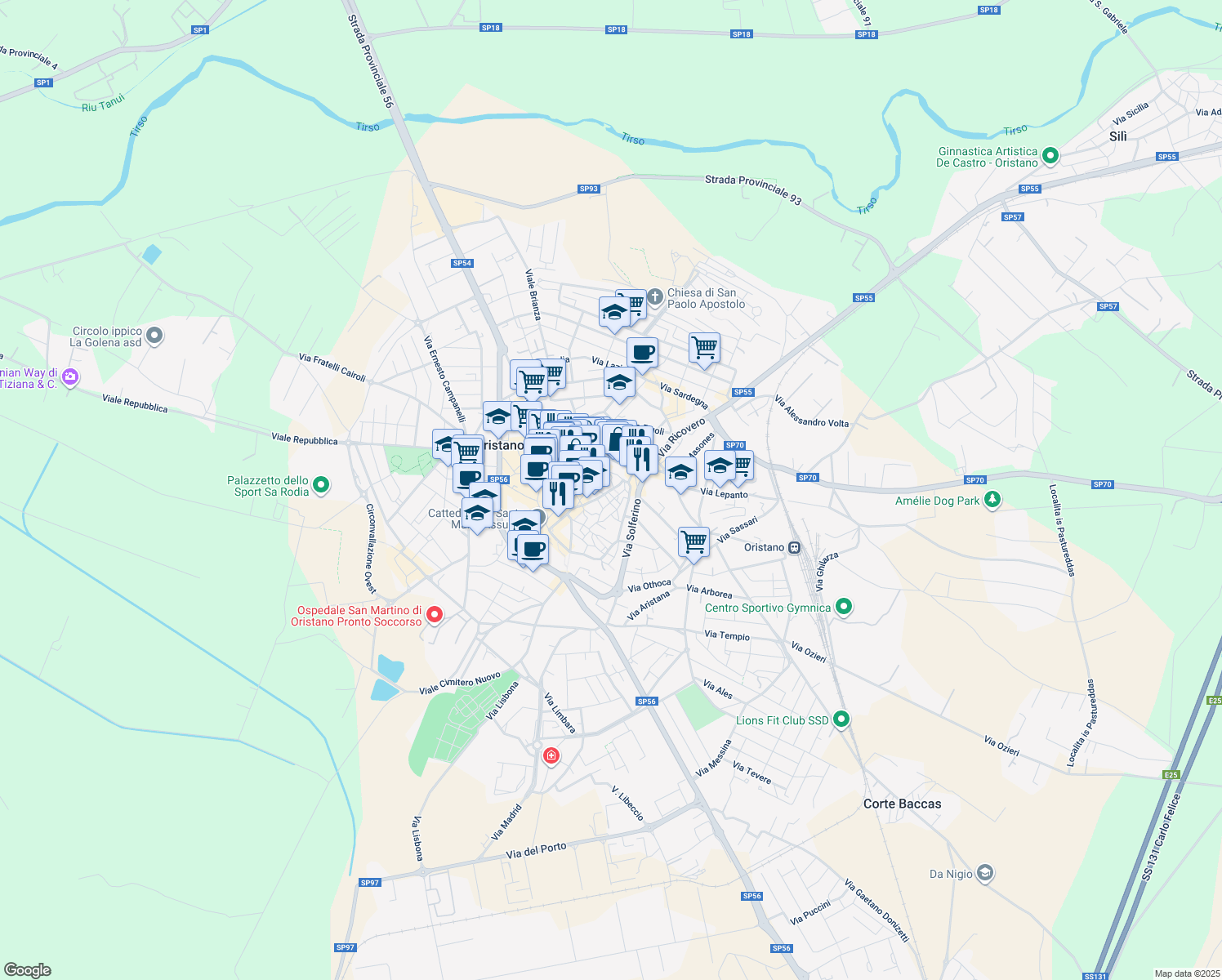map of restaurants, bars, coffee shops, grocery stores, and more near 19 Via Santa Chiara in Oristano