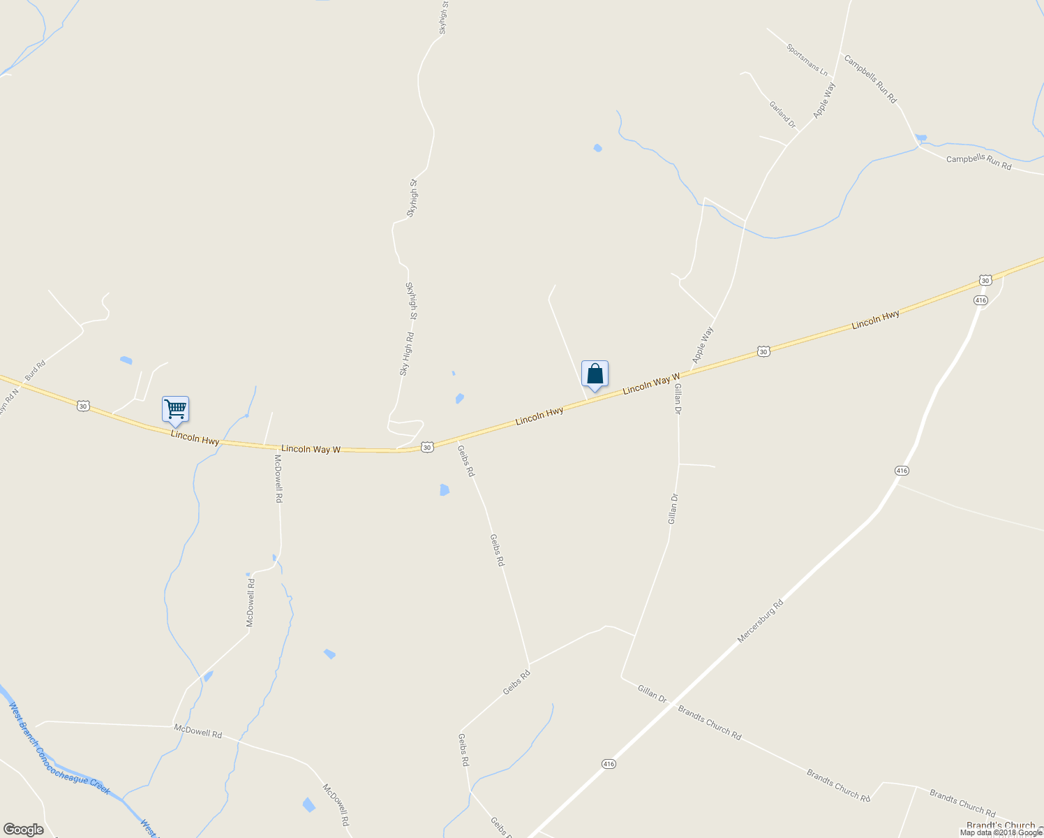 map of restaurants, bars, coffee shops, grocery stores, and more near 9983 Lincoln Way West in Saint Thomas