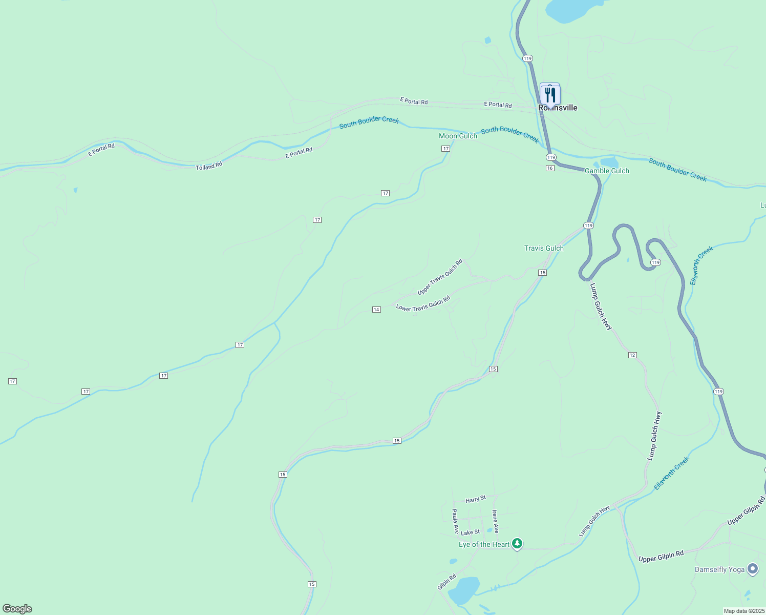 map of restaurants, bars, coffee shops, grocery stores, and more near 672 Lower Travis Gulch Rd in Black Hawk