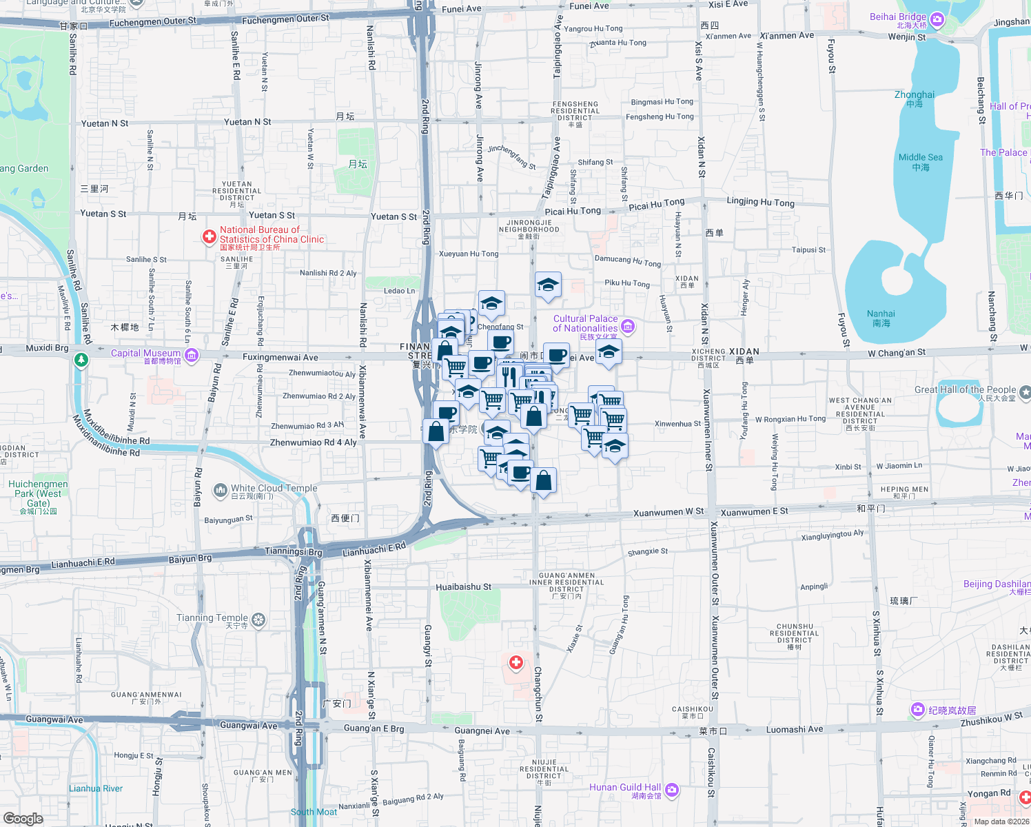 map of restaurants, bars, coffee shops, grocery stores, and more near 132 Xinwenhua Street in Beijing