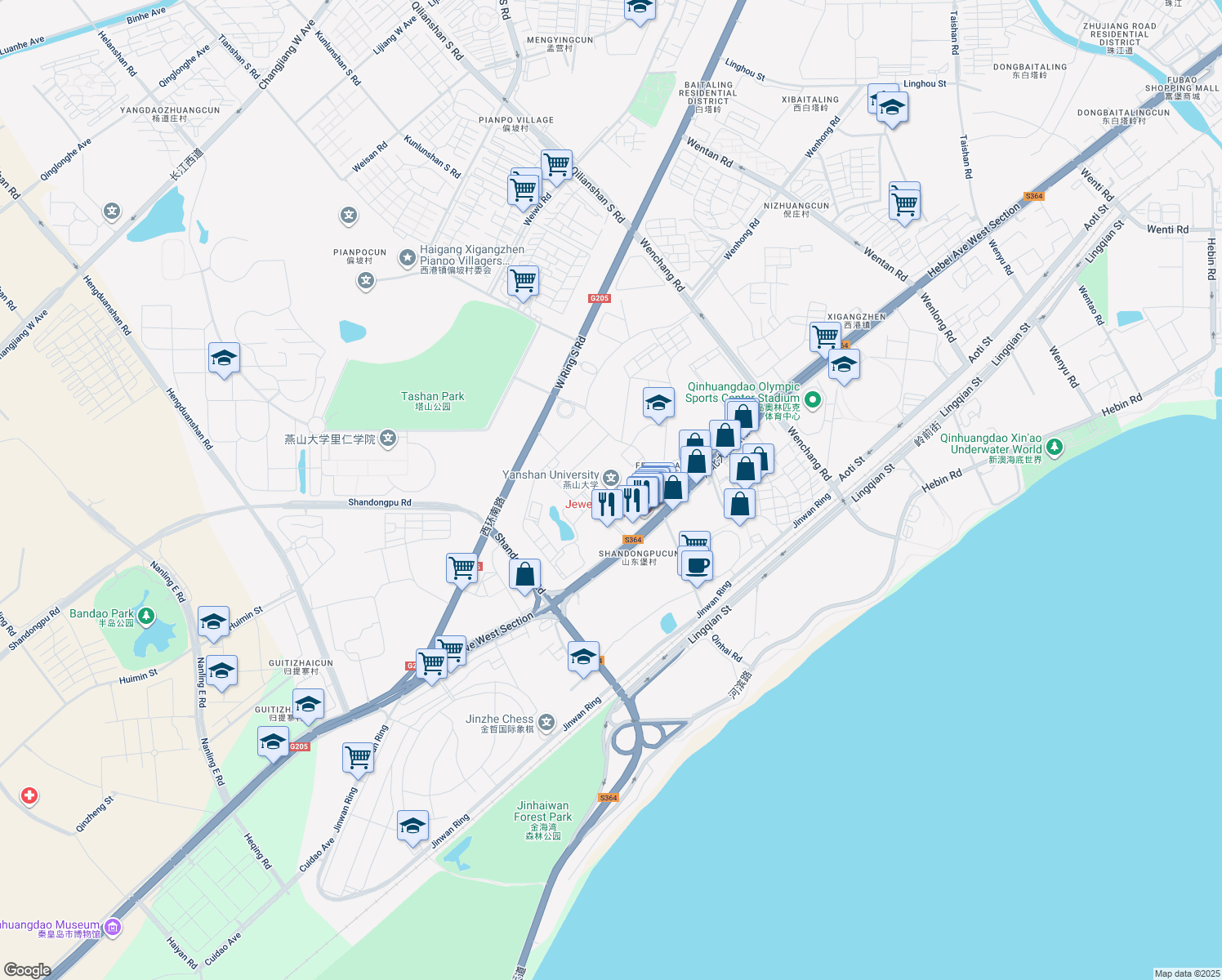 map of restaurants, bars, coffee shops, grocery stores, and more near He Bei Da Jie Xi Duan in Qin Huang Dao Shi