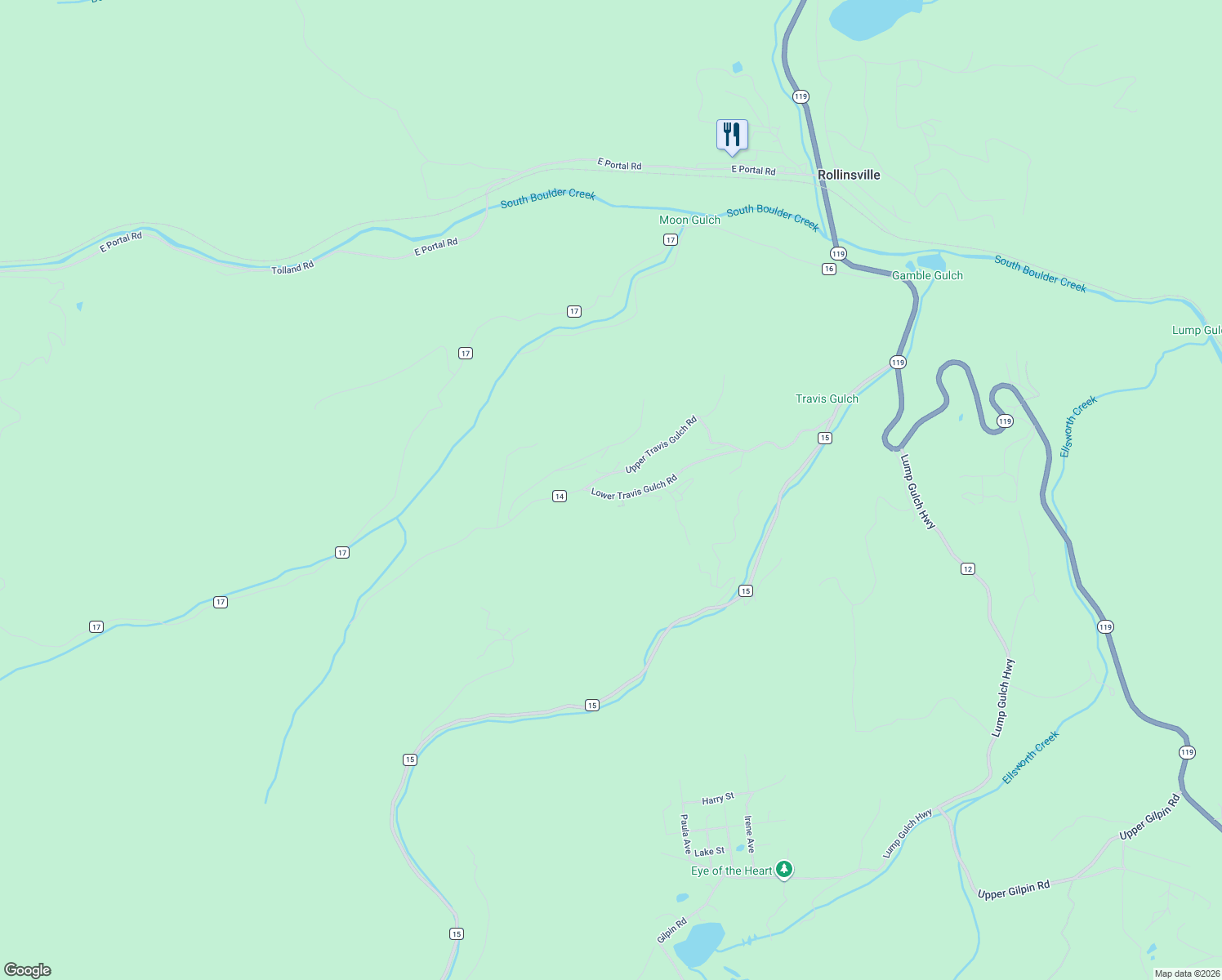 map of restaurants, bars, coffee shops, grocery stores, and more near 672 Lower Travis Gulch Road in Black Hawk