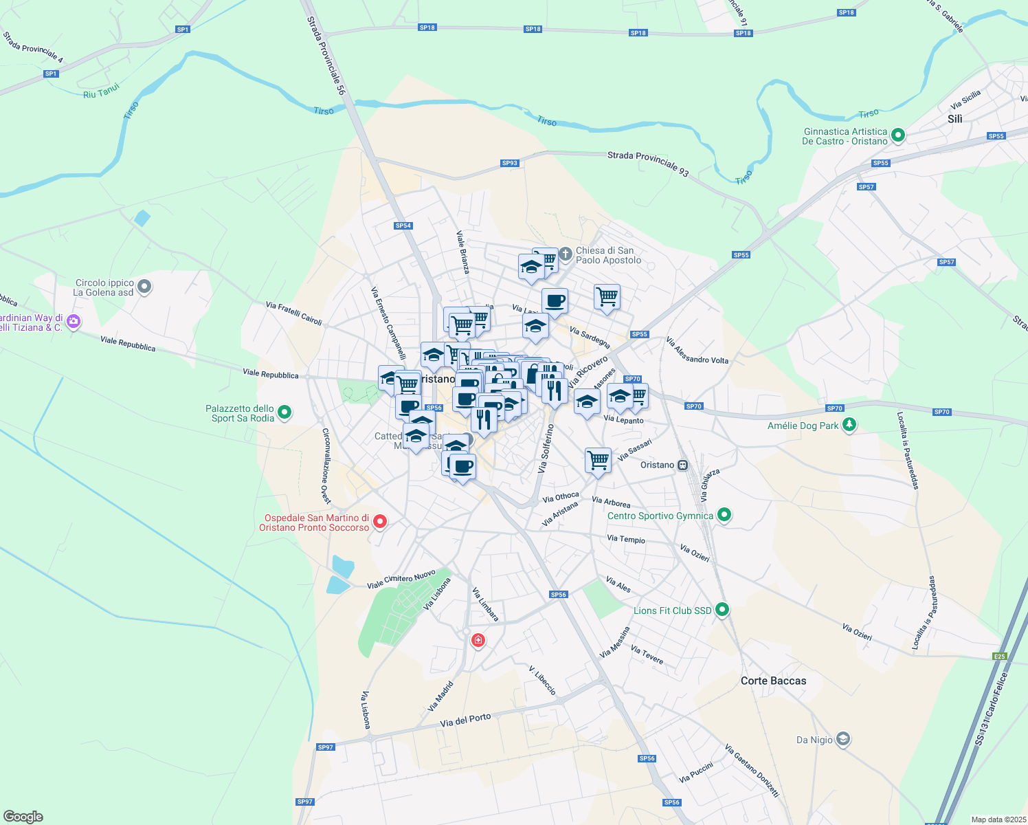 map of restaurants, bars, coffee shops, grocery stores, and more near 19 Via Santa Chiara in Oristano