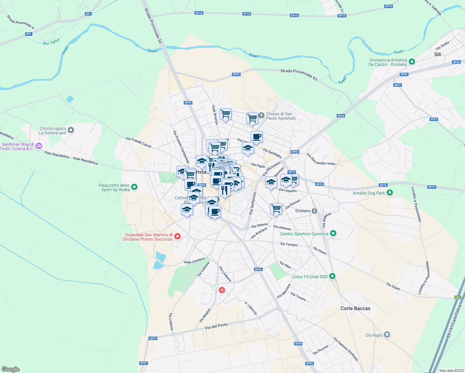 map of restaurants, bars, coffee shops, grocery stores, and more near 31 Via Parpaglia in Oristano