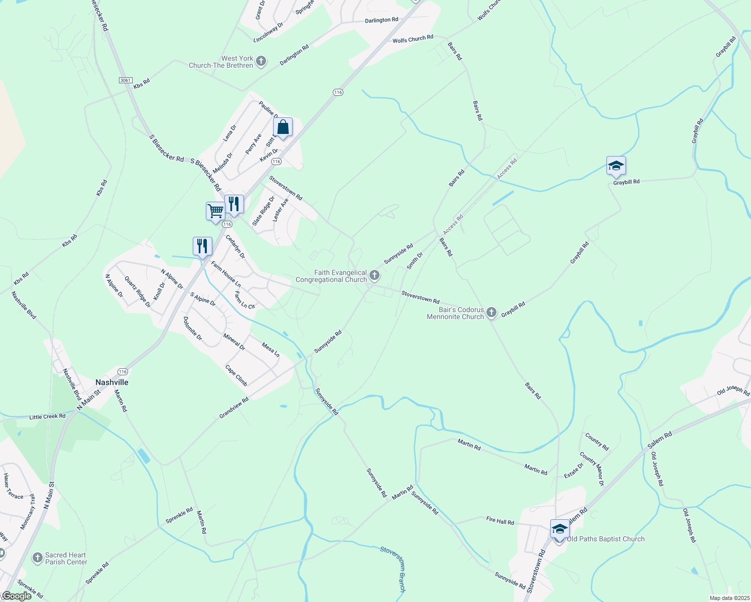map of restaurants, bars, coffee shops, grocery stores, and more near 912 Sunnyside Road in York