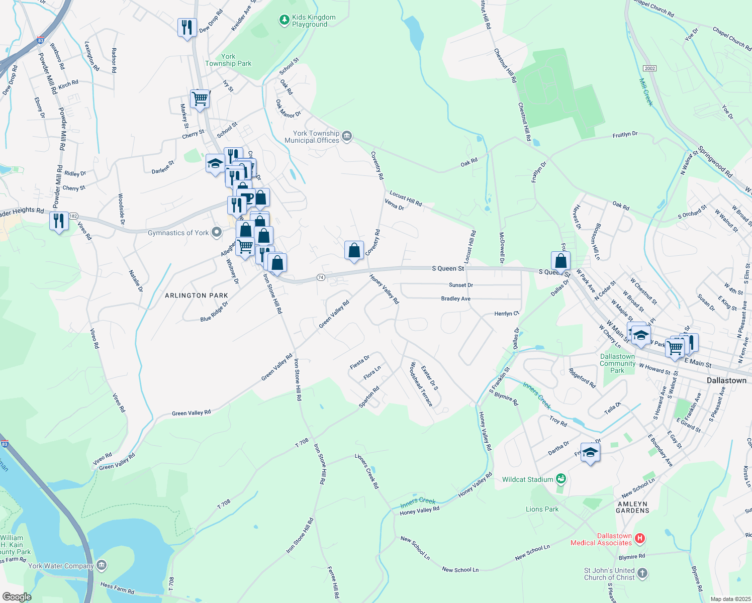 map of restaurants, bars, coffee shops, grocery stores, and more near 641 Cortland Drive in York