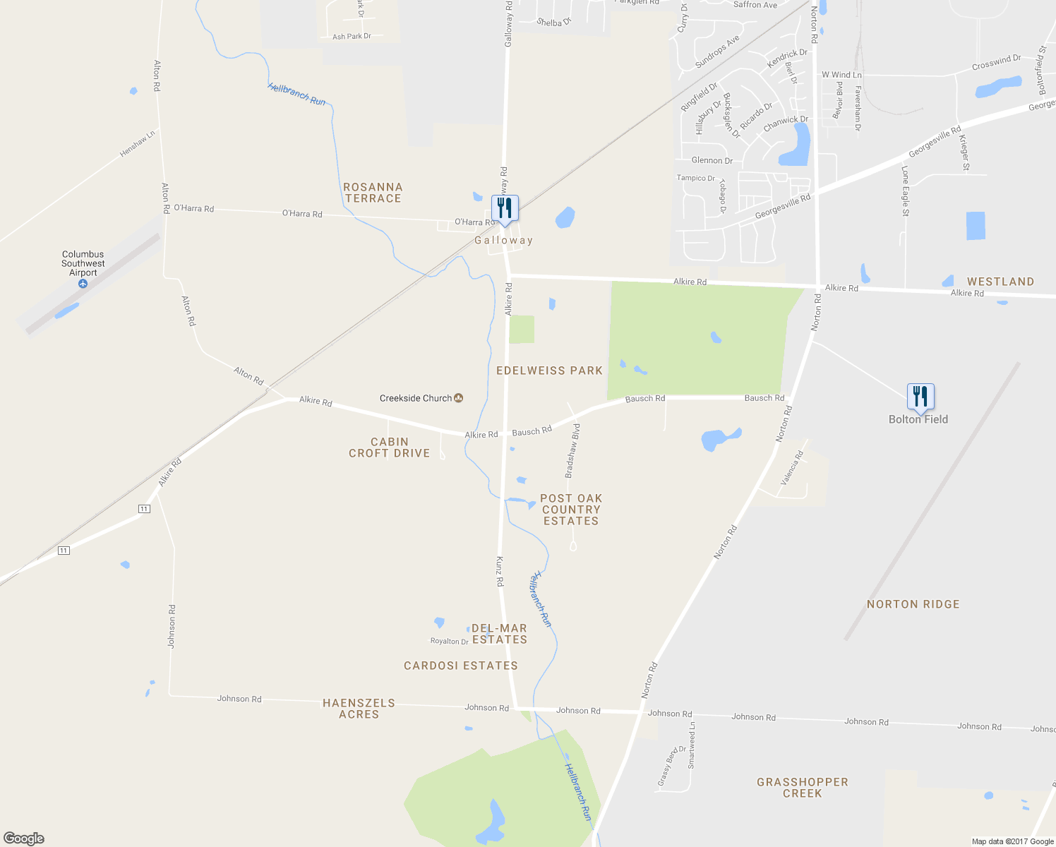 map of restaurants, bars, coffee shops, grocery stores, and more near 6286 Bausch Road in Galloway