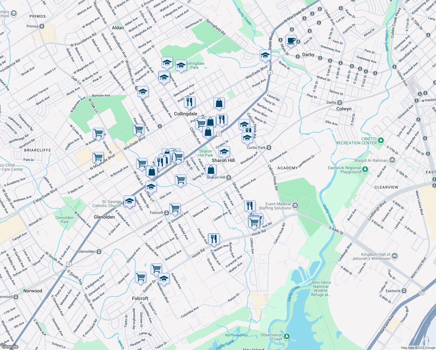 map of restaurants, bars, coffee shops, grocery stores, and more near 1136 Woodland Avenue in Sharon Hill