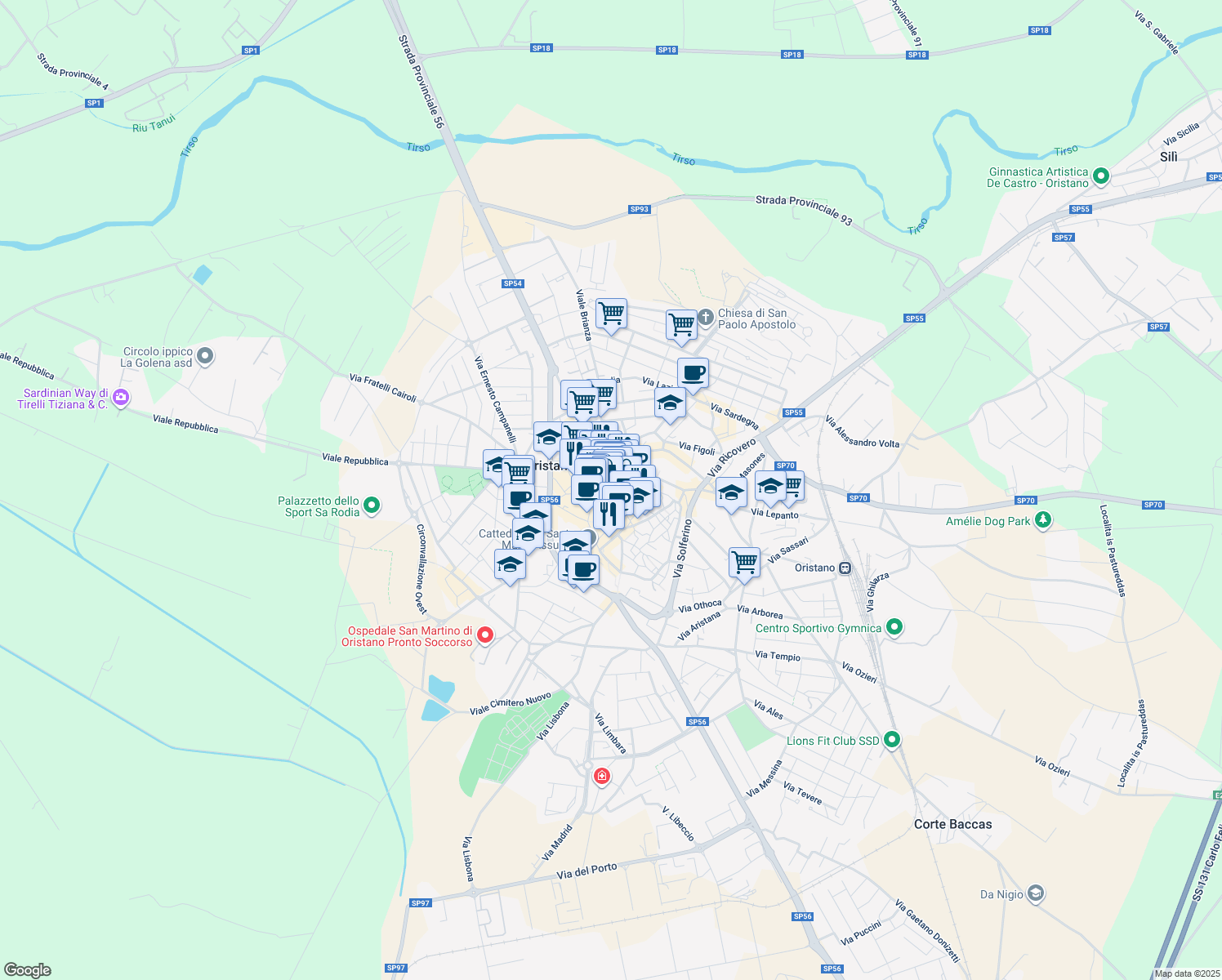 map of restaurants, bars, coffee shops, grocery stores, and more near 31 Via Parpaglia in Oristano