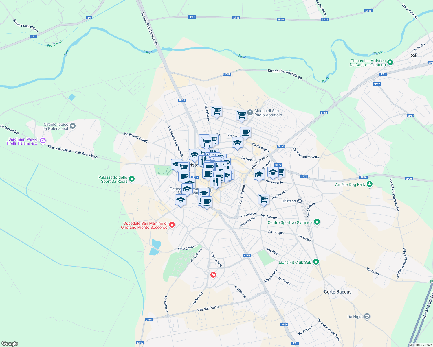 map of restaurants, bars, coffee shops, grocery stores, and more near 31 Via Parpaglia in Oristano
