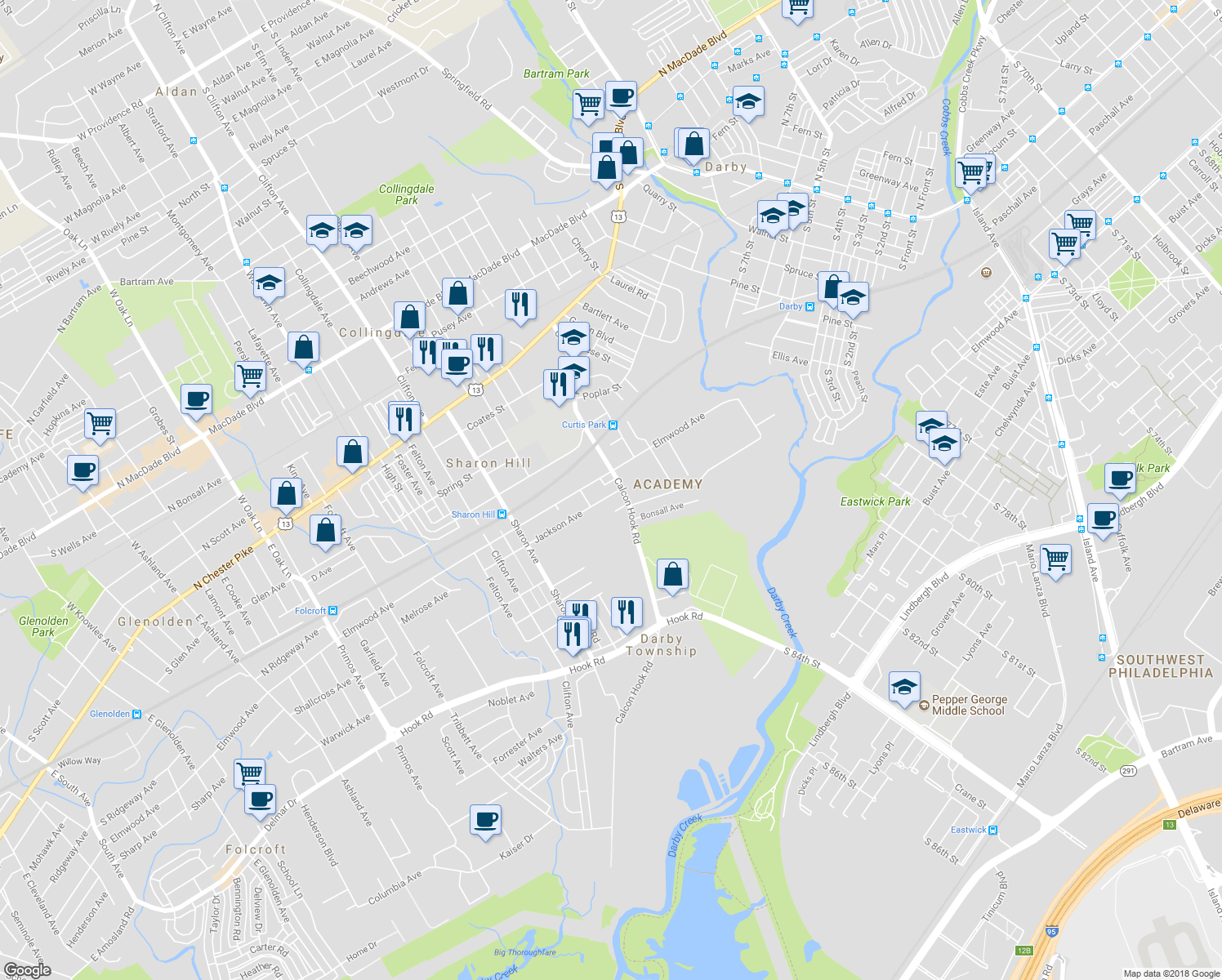 map of restaurants, bars, coffee shops, grocery stores, and more near 806 Jackson Avenue in Sharon Hill