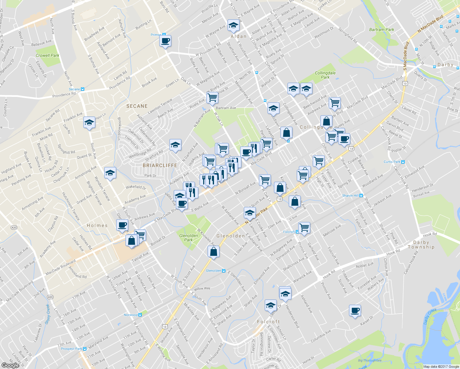 map of restaurants, bars, coffee shops, grocery stores, and more near 102 North Wells Avenue in Glenolden