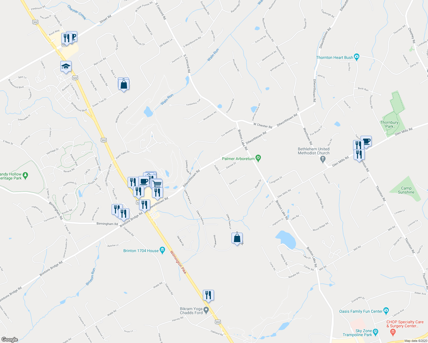 map of restaurants, bars, coffee shops, grocery stores, and more near 8 Judith Lane in Thornton