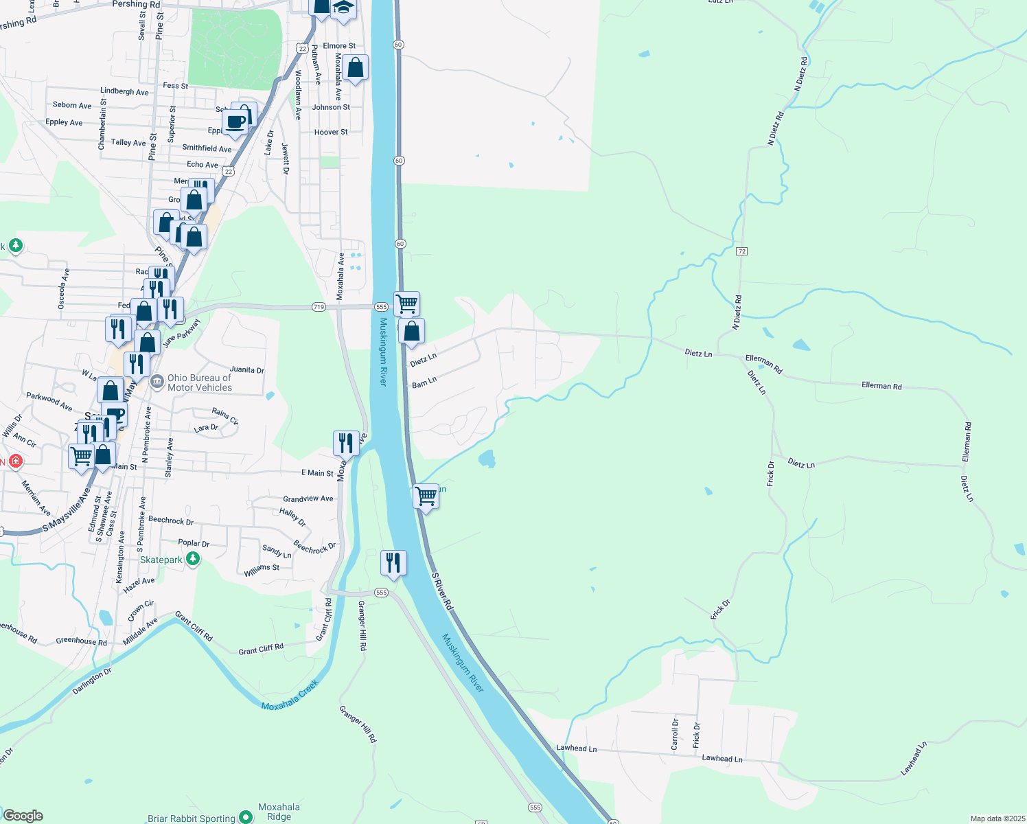 map of restaurants, bars, coffee shops, grocery stores, and more near 2274 Creedmoor Drive in Zanesville