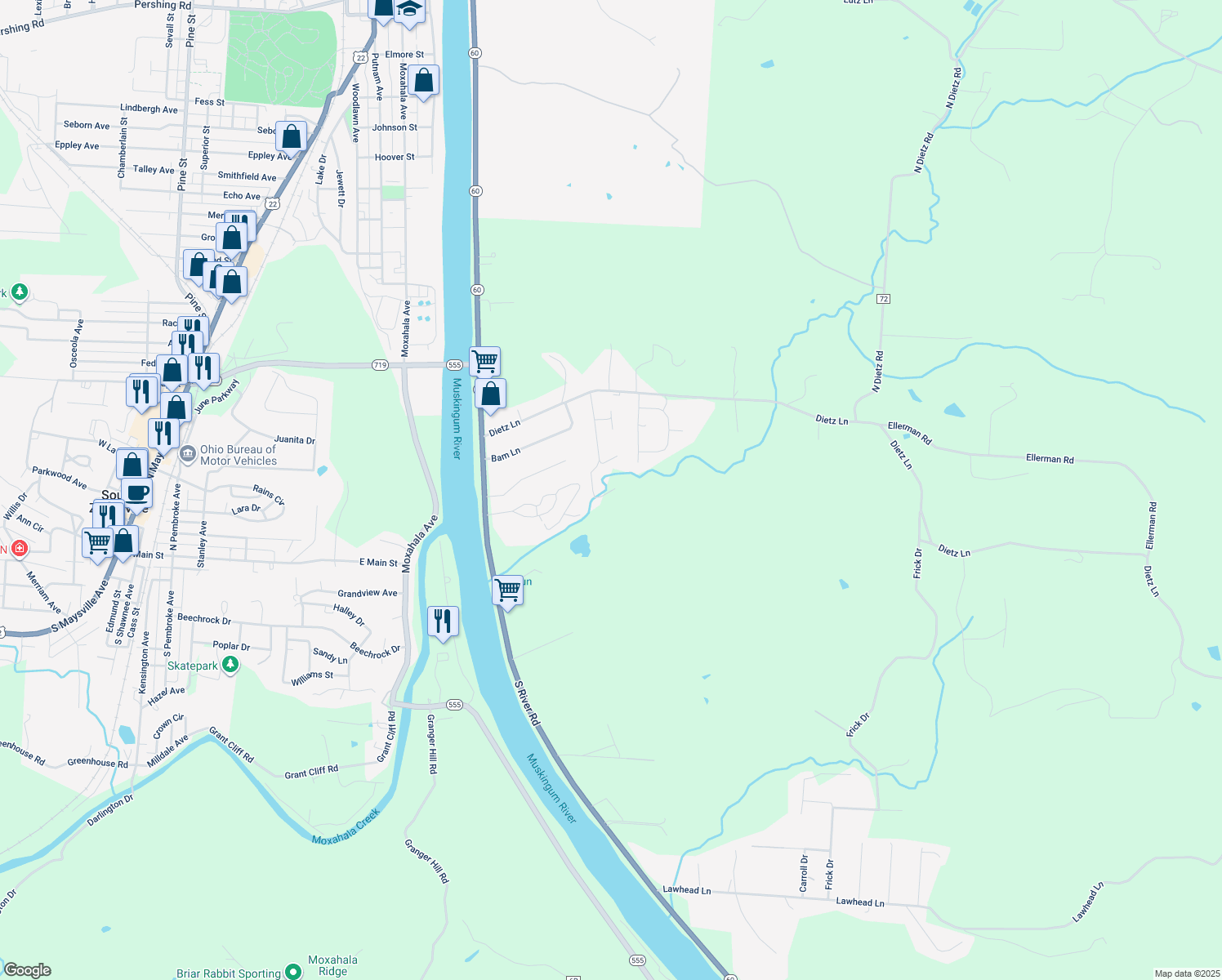 map of restaurants, bars, coffee shops, grocery stores, and more near 2274 Creedmoor Drive in Zanesville