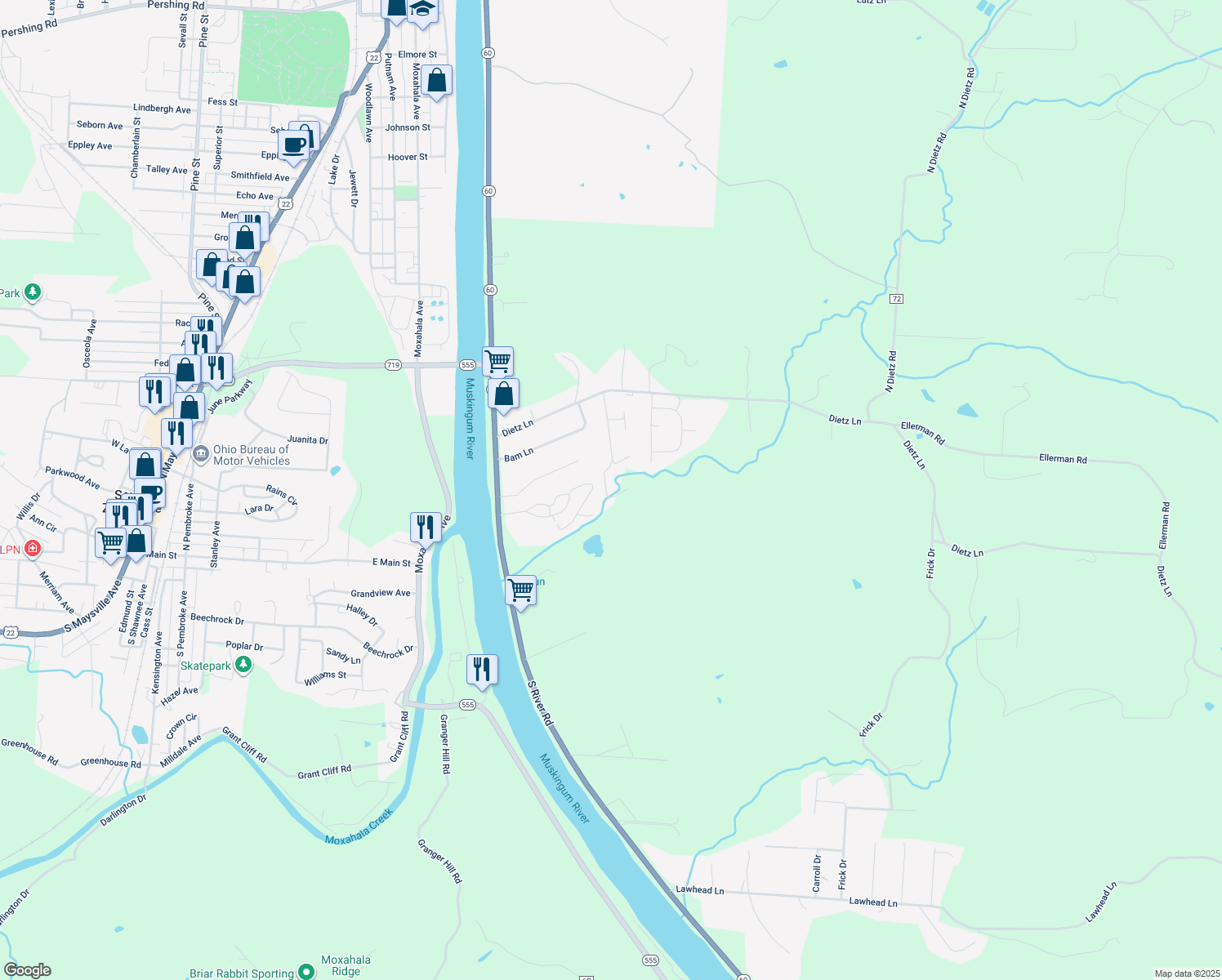 map of restaurants, bars, coffee shops, grocery stores, and more near 2274 Creedmoor Drive in Zanesville