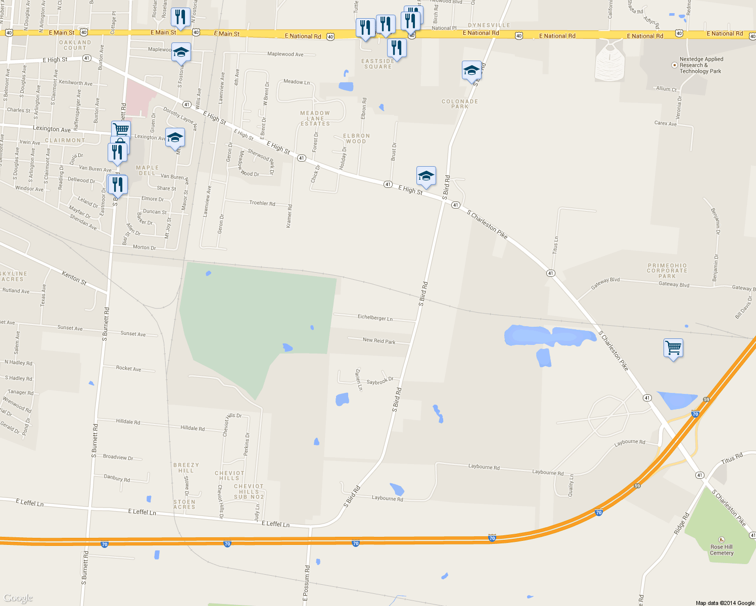 map of restaurants, bars, coffee shops, grocery stores, and more near 3450 Eichelberger Lane in Springfield