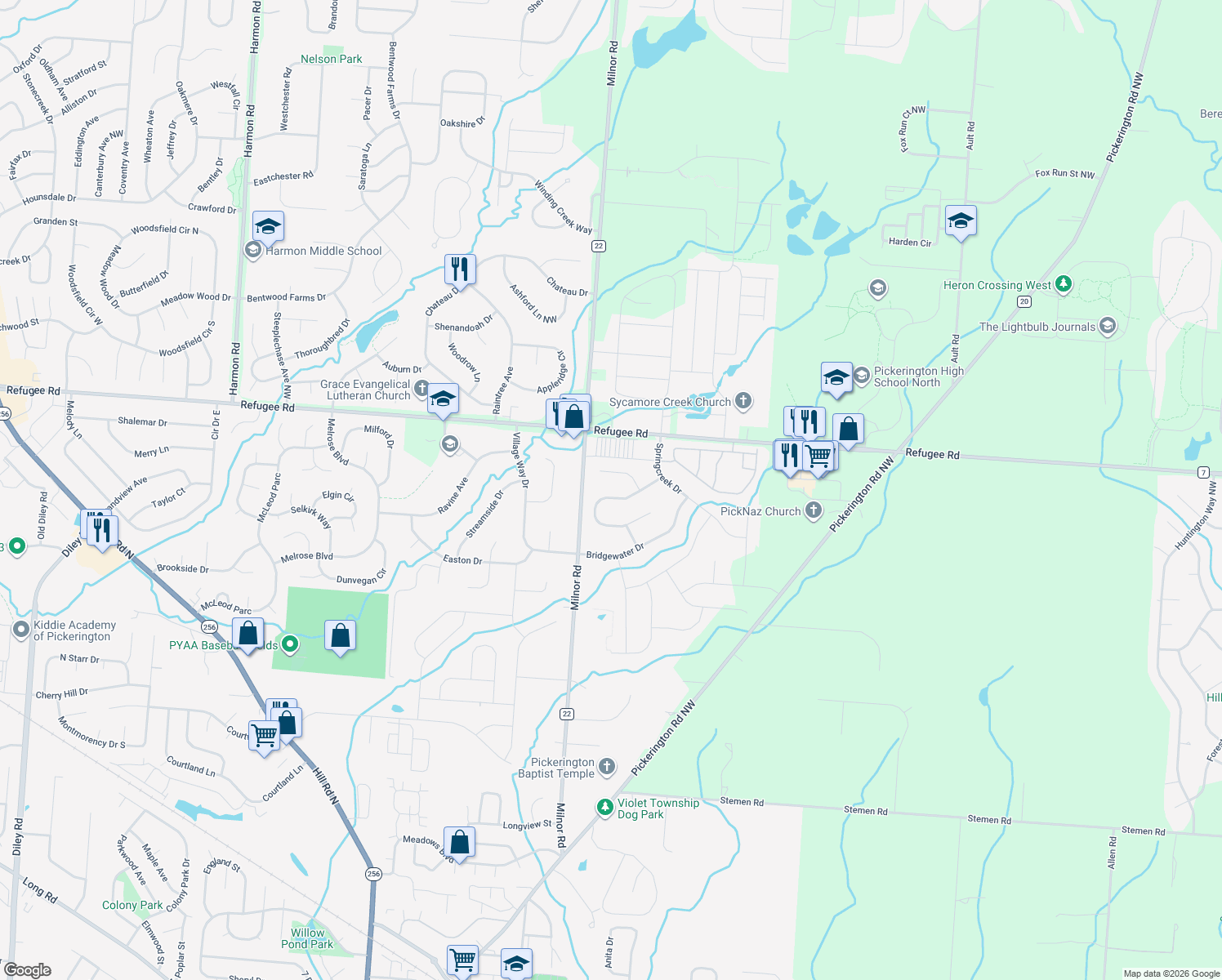 map of restaurants, bars, coffee shops, grocery stores, and more near 11719 Chanticleer Drive Northwest in Pickerington