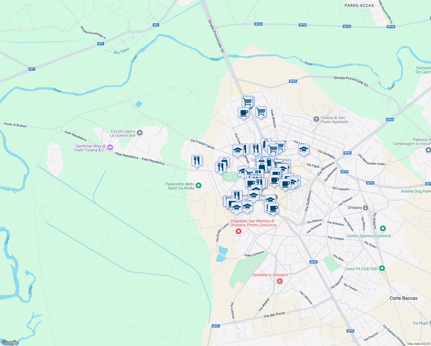 map of restaurants, bars, coffee shops, grocery stores, and more near 1 Via XXV Luglio 1943 in Oristano