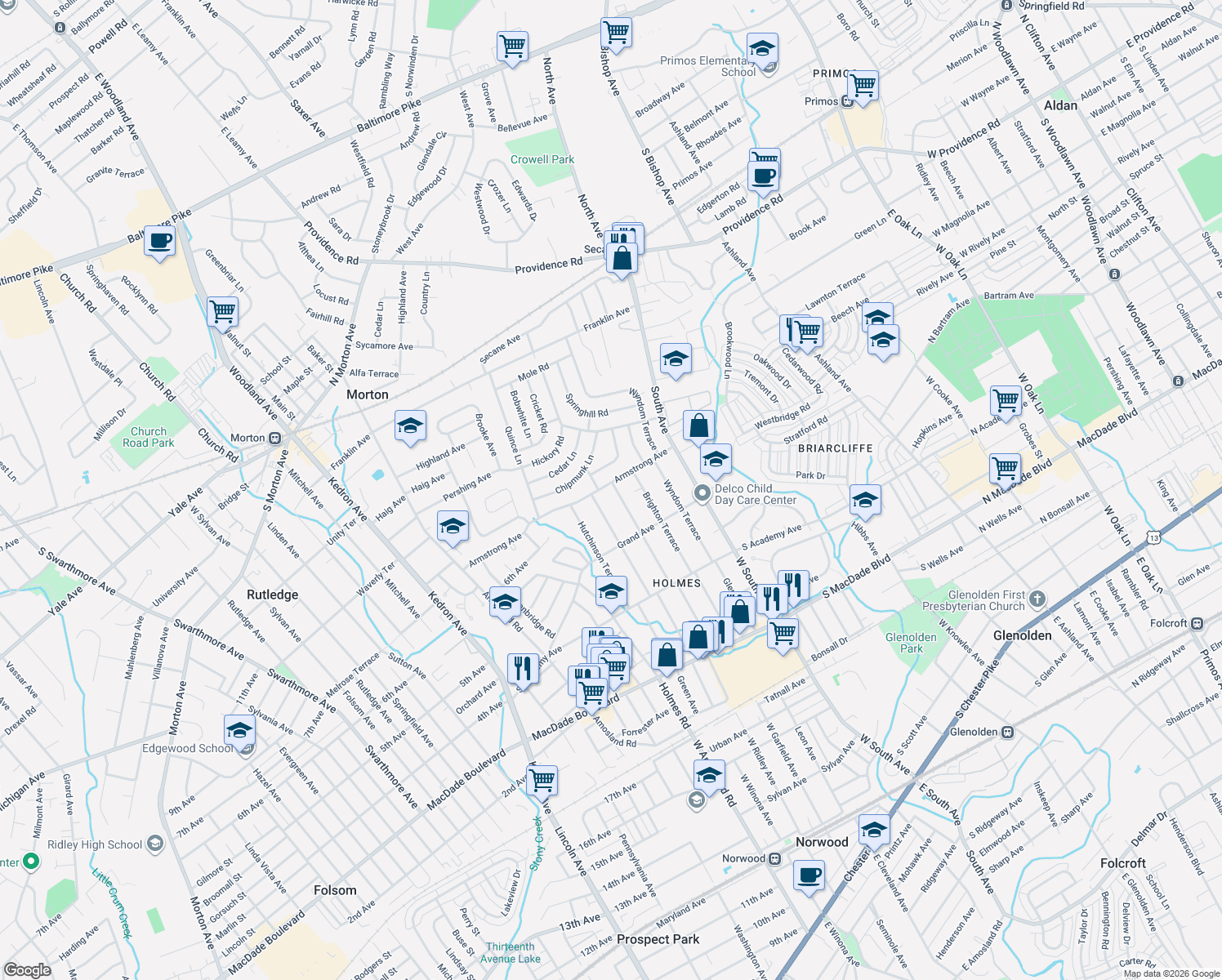 map of restaurants, bars, coffee shops, grocery stores, and more near 667 Highland Terrace in Holmes