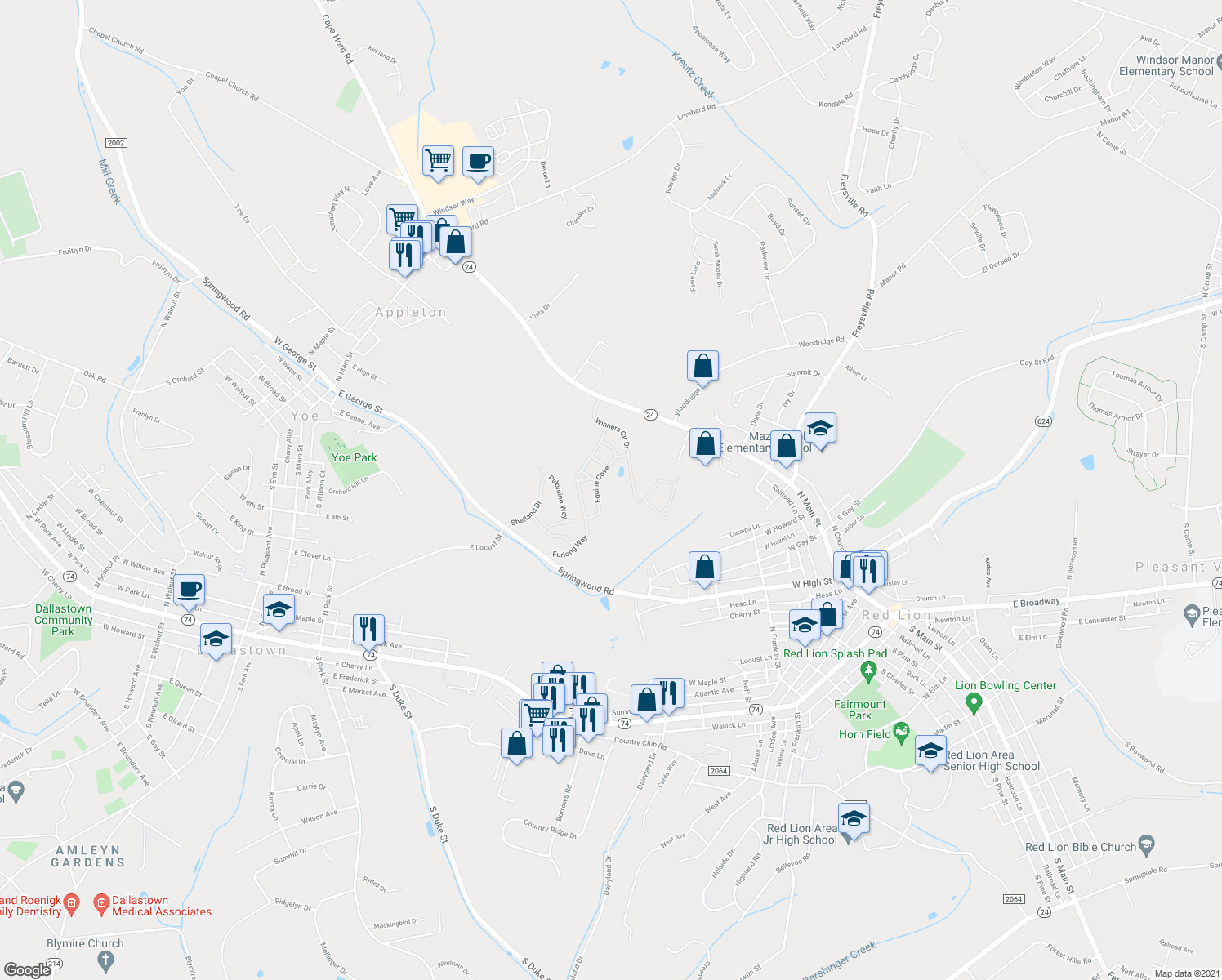 map of restaurants, bars, coffee shops, grocery stores, and more near 319 Winners Circle Drive in Red Lion