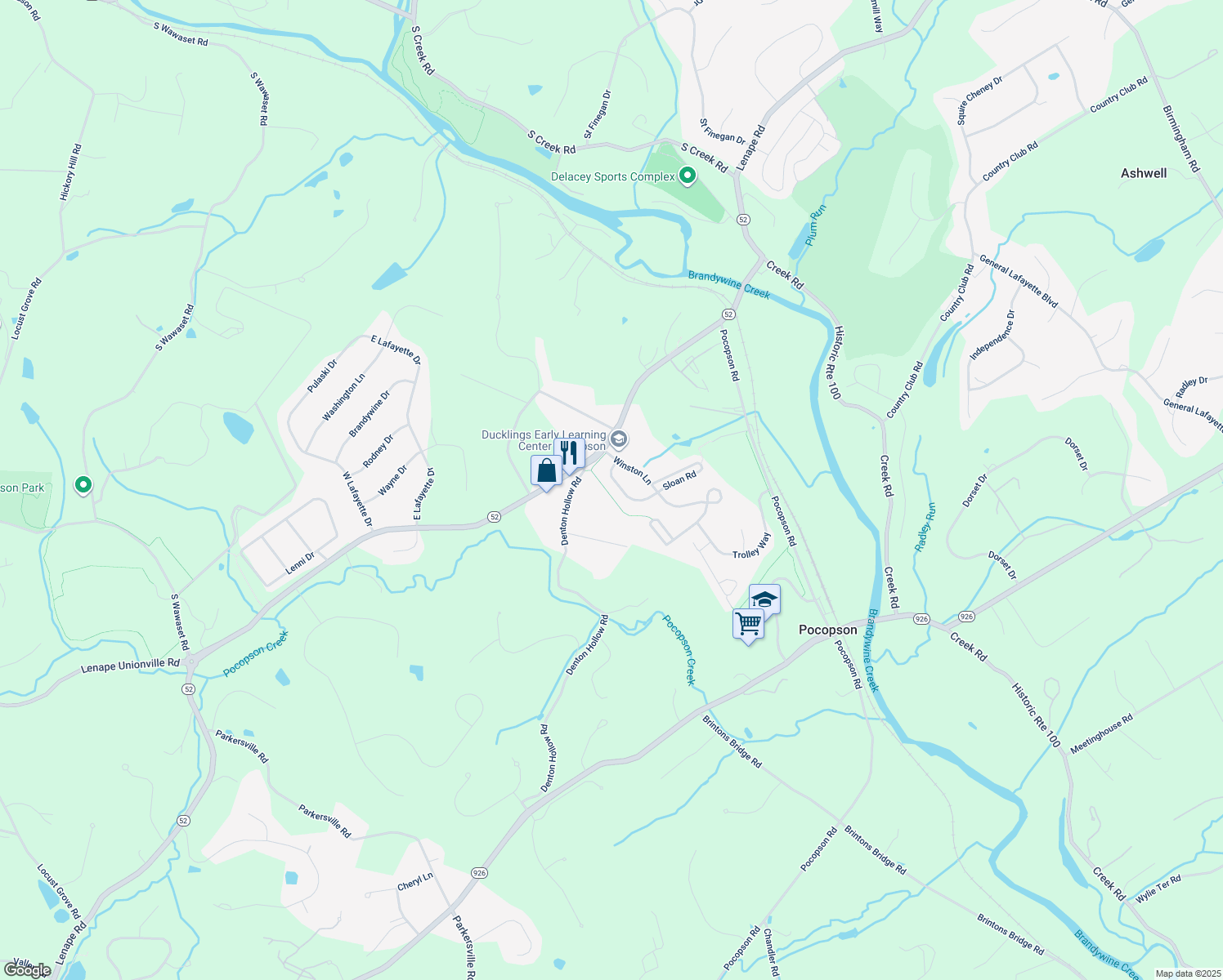 map of restaurants, bars, coffee shops, grocery stores, and more near 19 Sloan Road in West Chester