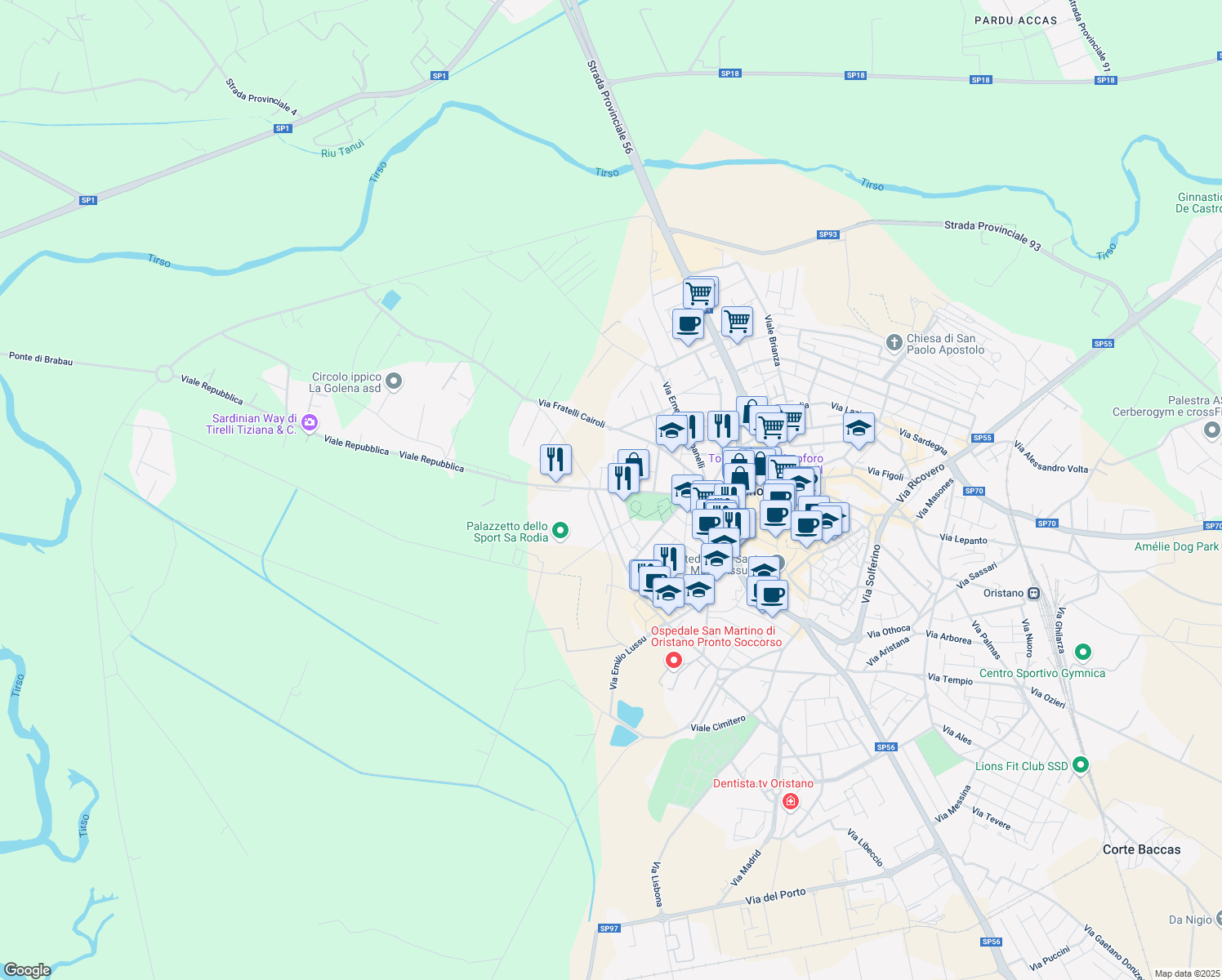 map of restaurants, bars, coffee shops, grocery stores, and more near 1 Via XXV Luglio 1943 in Oristano