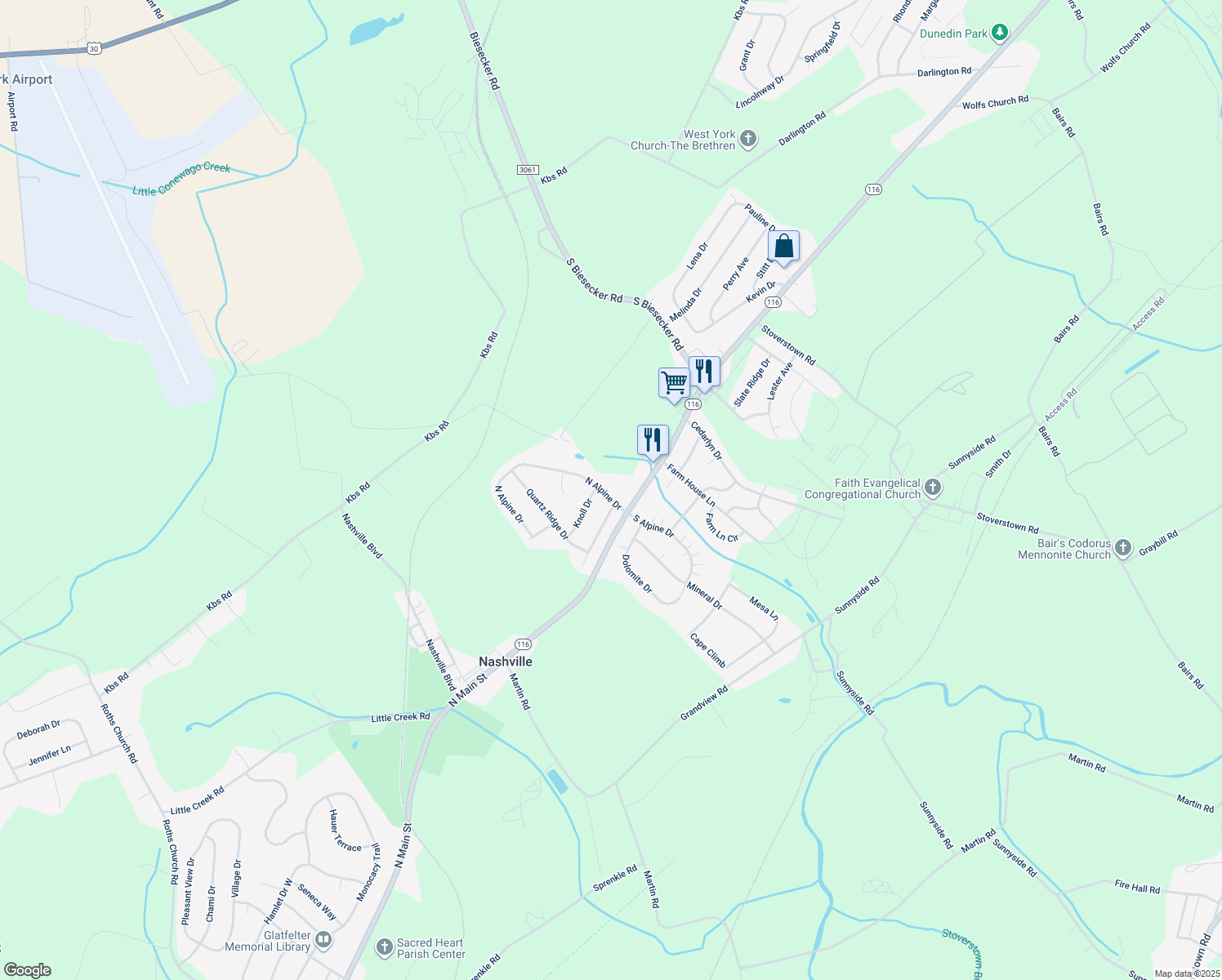 map of restaurants, bars, coffee shops, grocery stores, and more near 41 North Alpine Drive in York