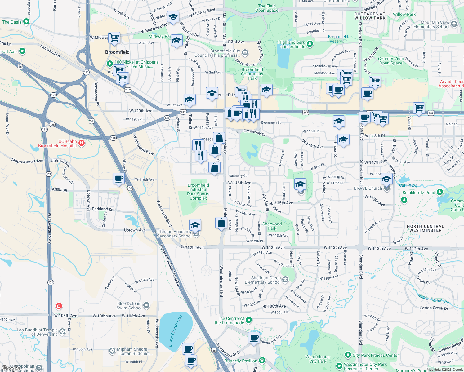 map of restaurants, bars, coffee shops, grocery stores, and more near 11563 Newland Street in Broomfield