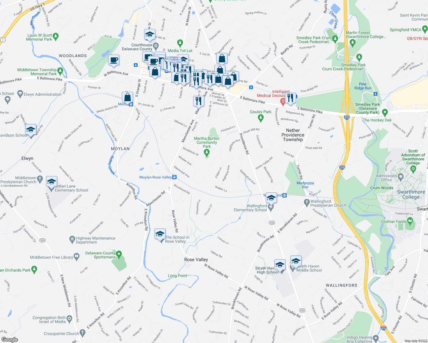 map of restaurants, bars, coffee shops, grocery stores, and more near 205 Fildes Lane in Nether Providence Township