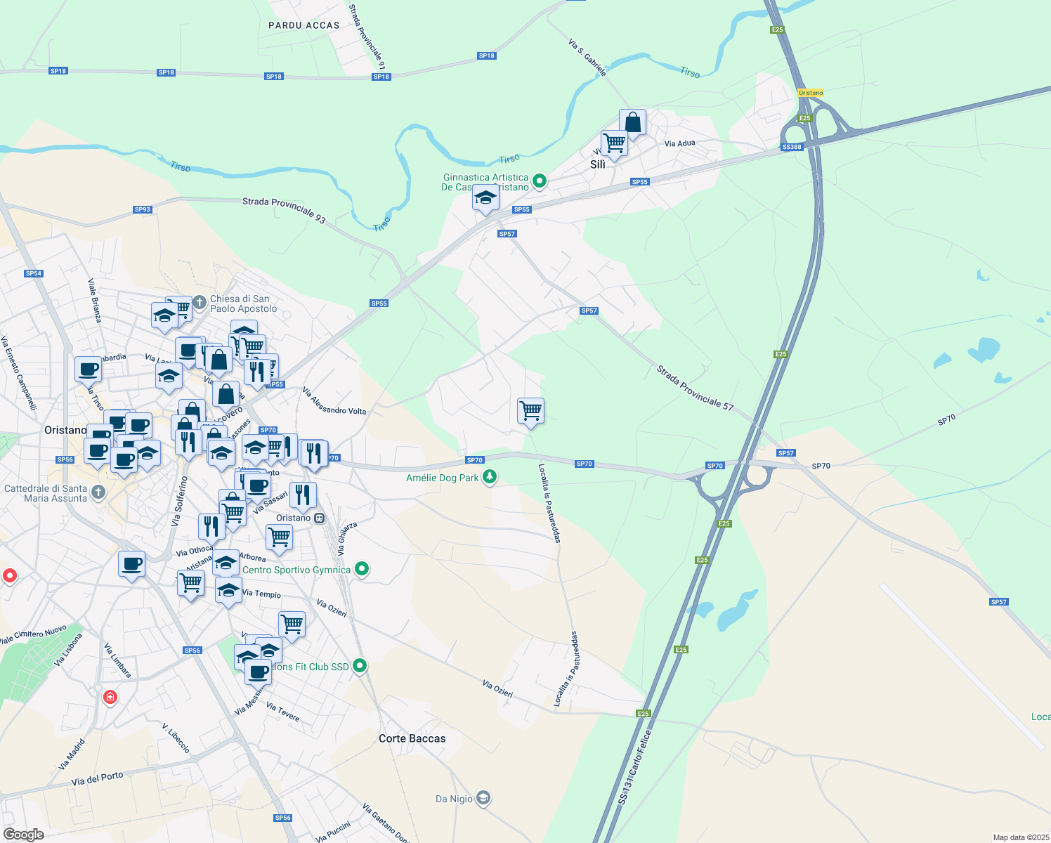 map of restaurants, bars, coffee shops, grocery stores, and more near in Province of Oristano