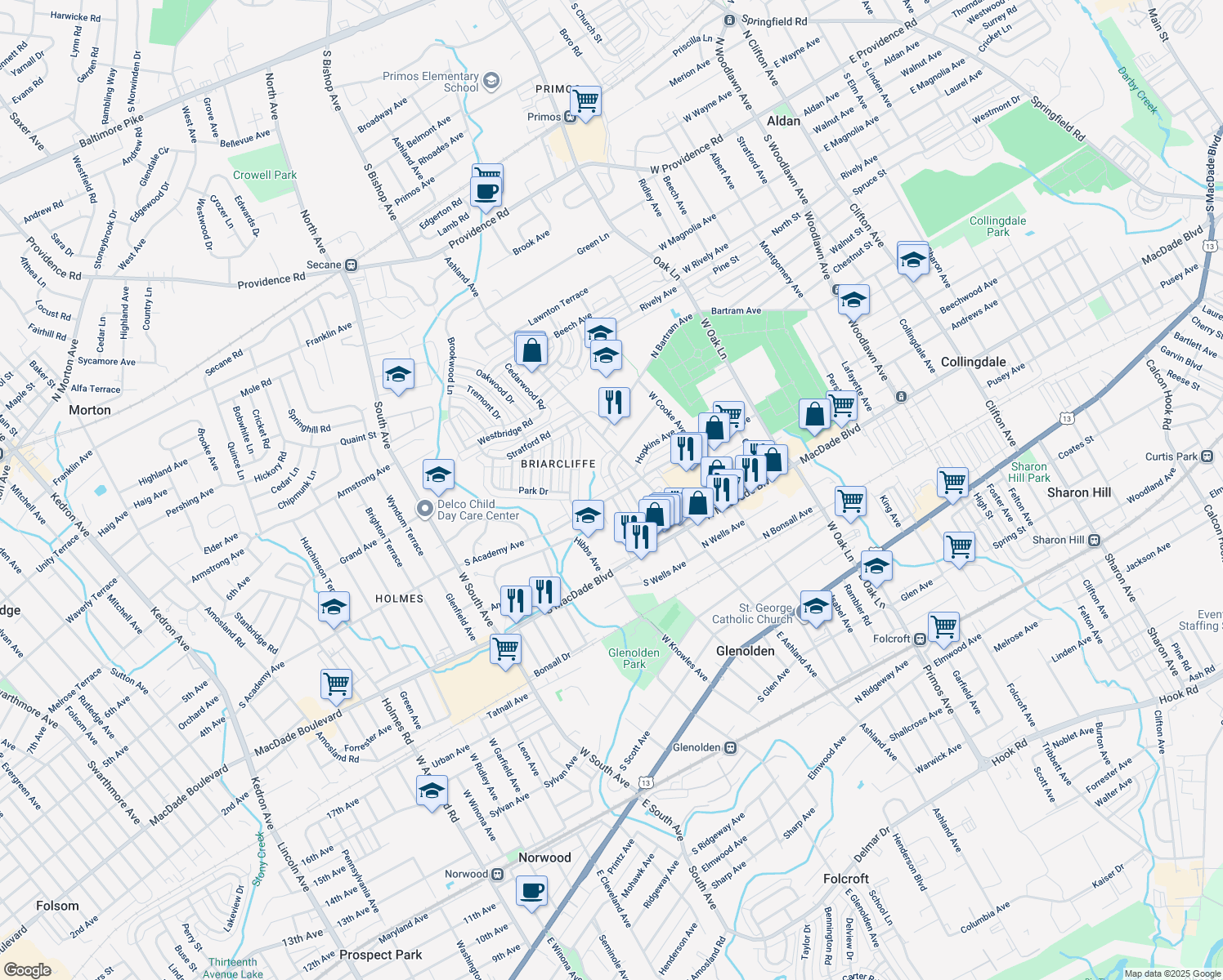 map of restaurants, bars, coffee shops, grocery stores, and more near 106 South Academy Avenue in Glenolden