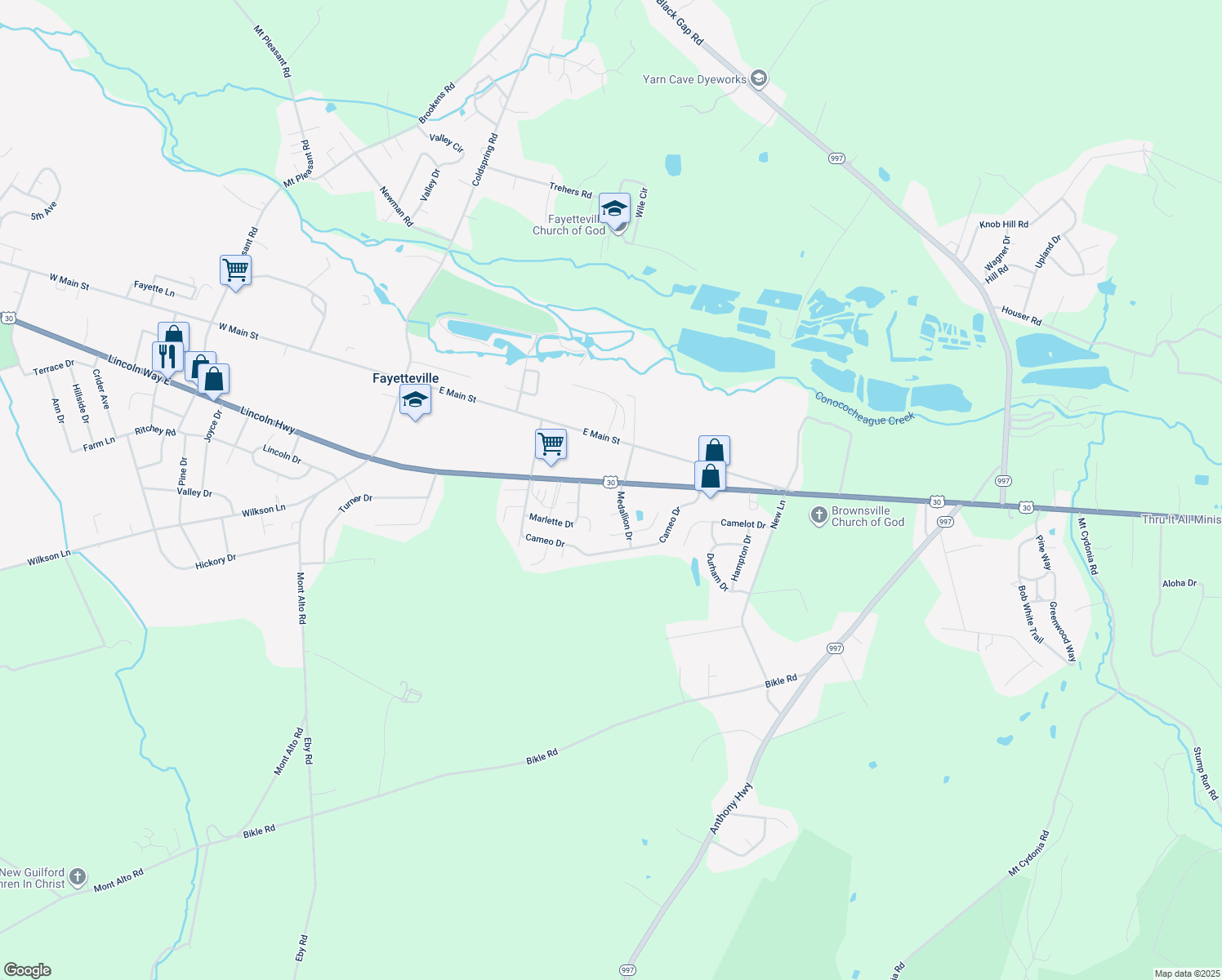 map of restaurants, bars, coffee shops, grocery stores, and more near 5642 Lincoln Way East in Fayetteville