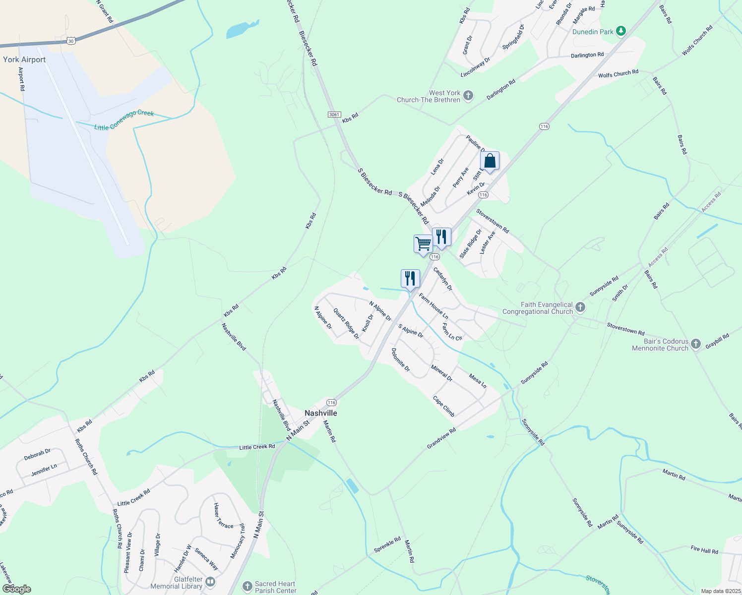 map of restaurants, bars, coffee shops, grocery stores, and more near 77 North Alpine Drive in York