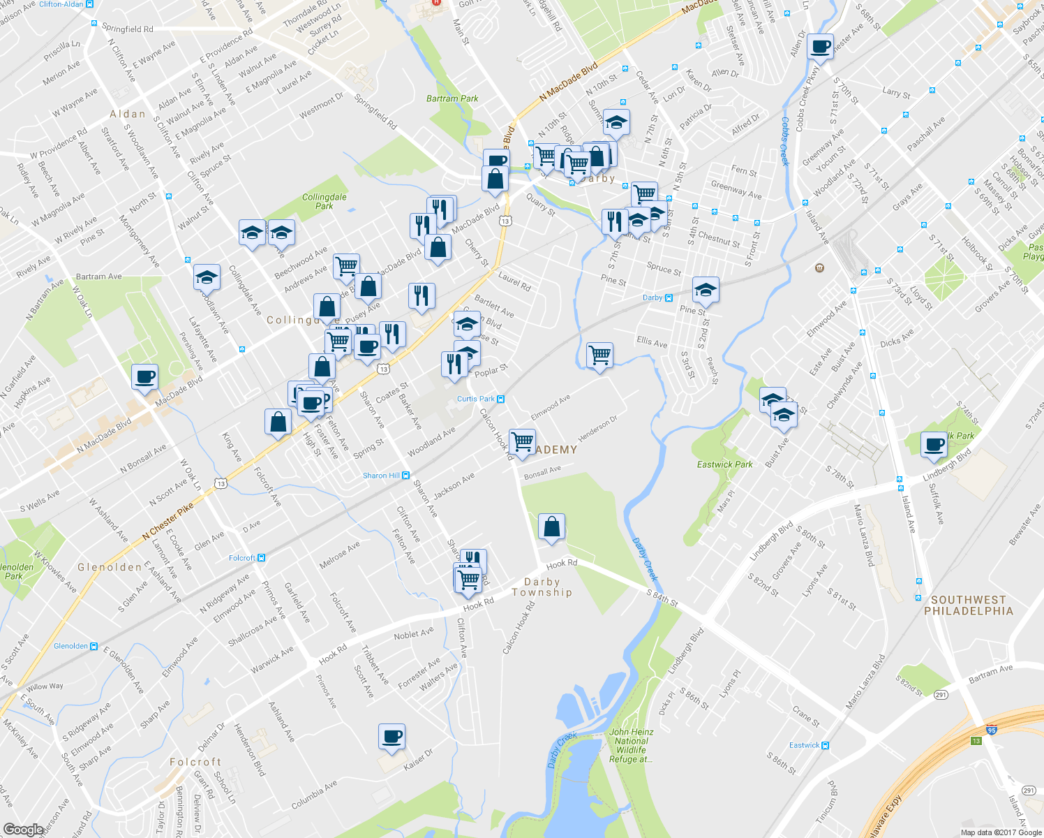 map of restaurants, bars, coffee shops, grocery stores, and more near 748 Elmwood Avenue in Sharon Hill