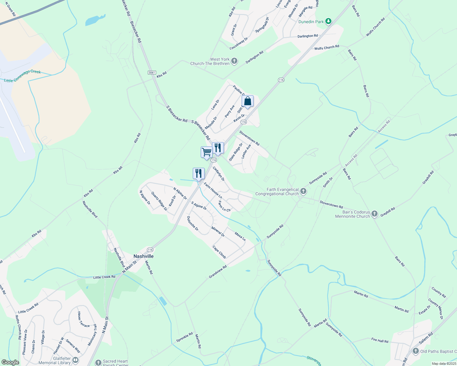 map of restaurants, bars, coffee shops, grocery stores, and more near 79 Cedarlyn Drive in York