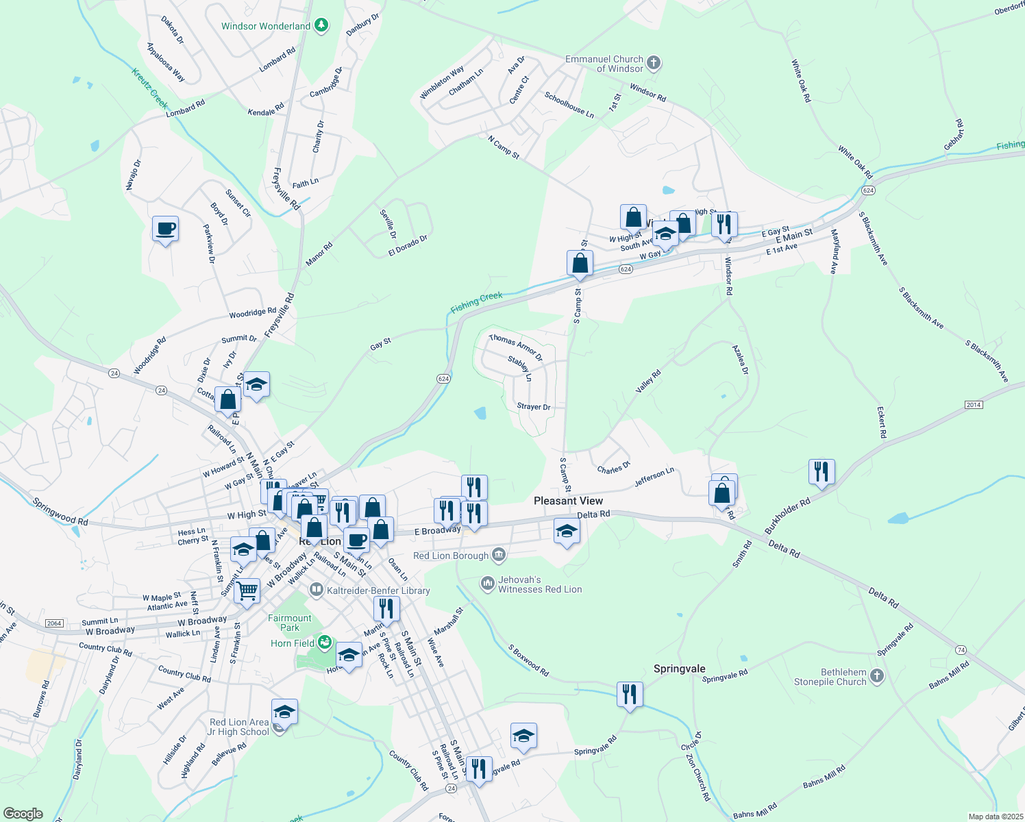 map of restaurants, bars, coffee shops, grocery stores, and more near 625 Strayer Drive in Windsor