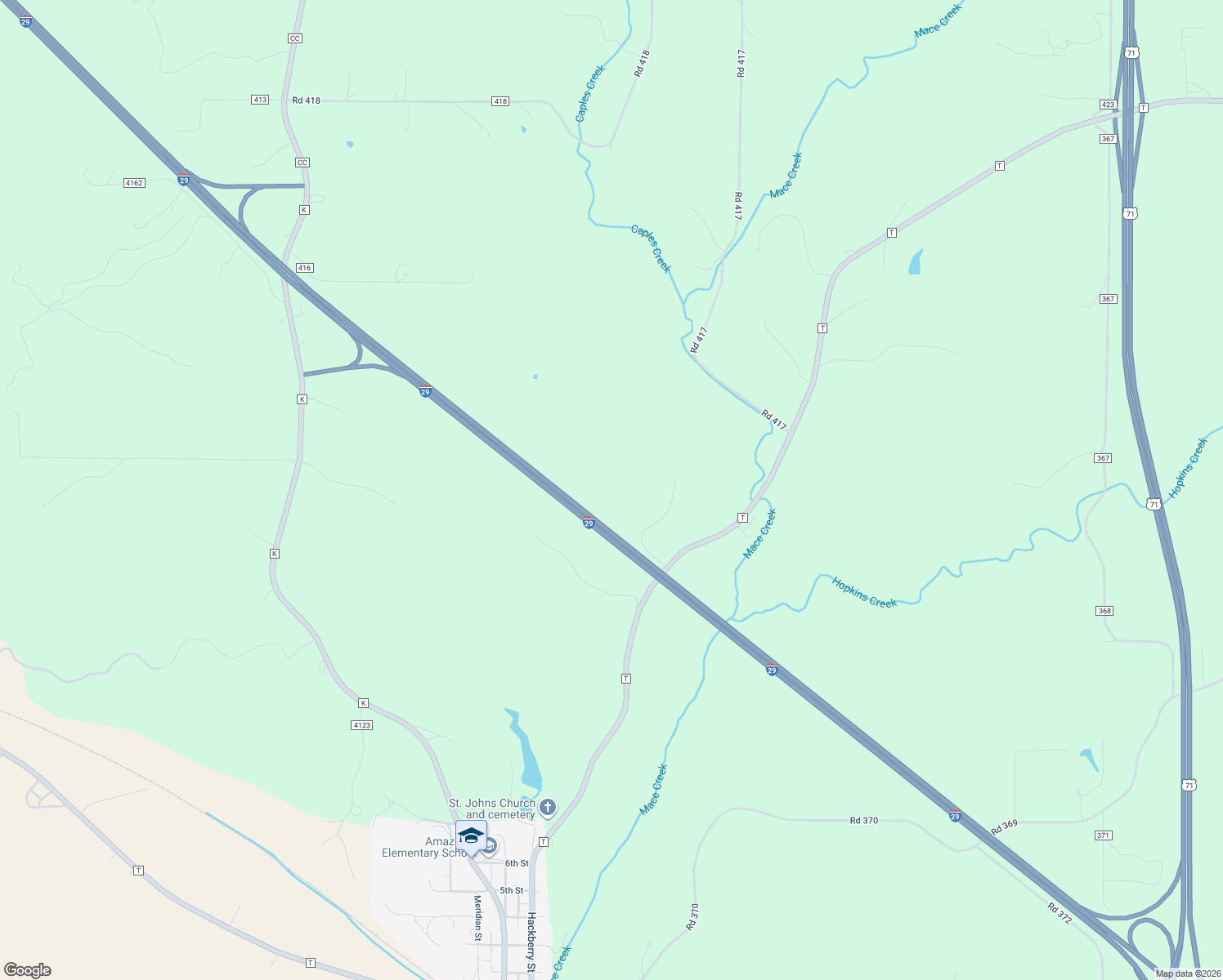 map of restaurants, bars, coffee shops, grocery stores, and more near Interstate 29 in Amazonia