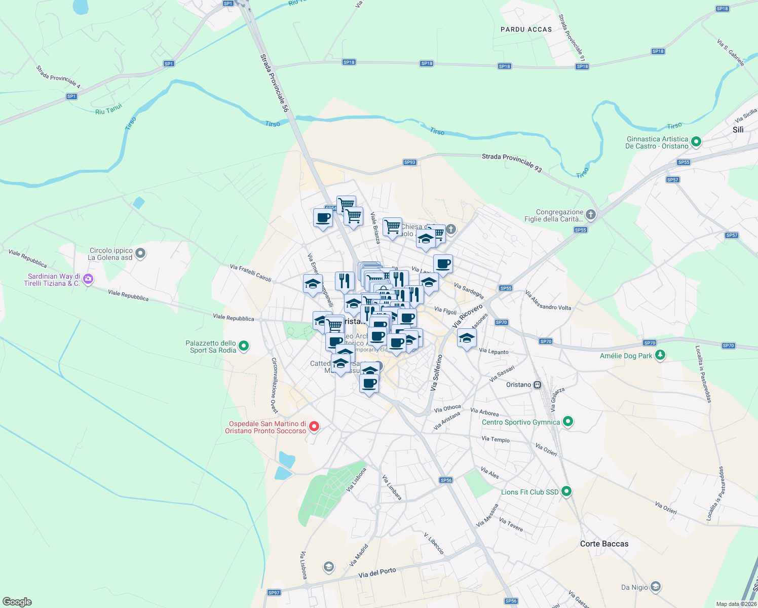 map of restaurants, bars, coffee shops, grocery stores, and more near 63 Via Tirso in Oristano