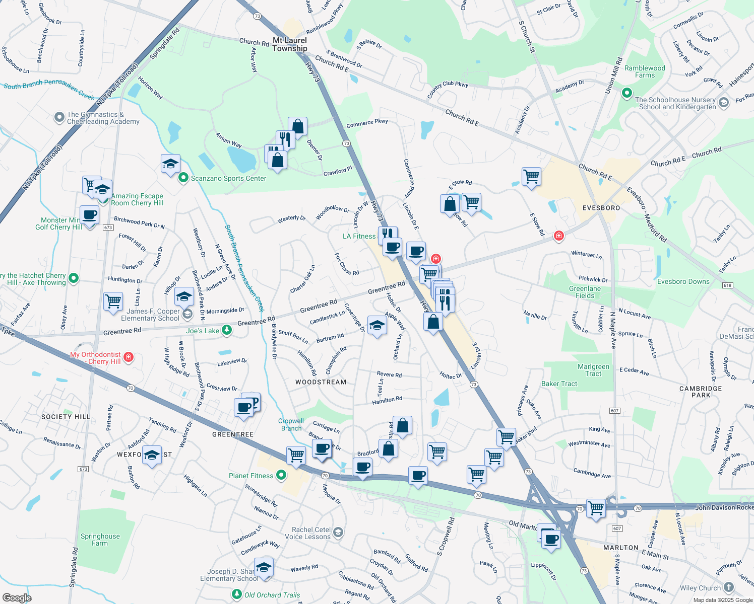 map of restaurants, bars, coffee shops, grocery stores, and more near 17 Apple Way in Marlton