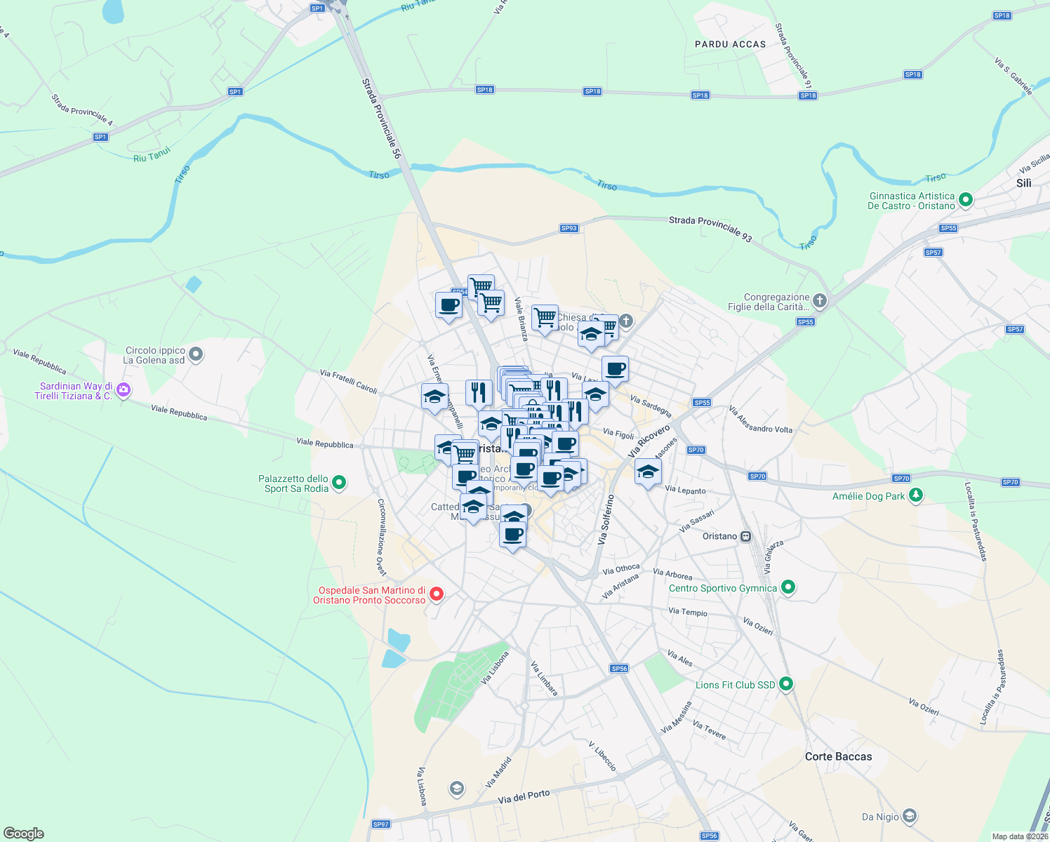 map of restaurants, bars, coffee shops, grocery stores, and more near 63 Via Tirso in Oristano