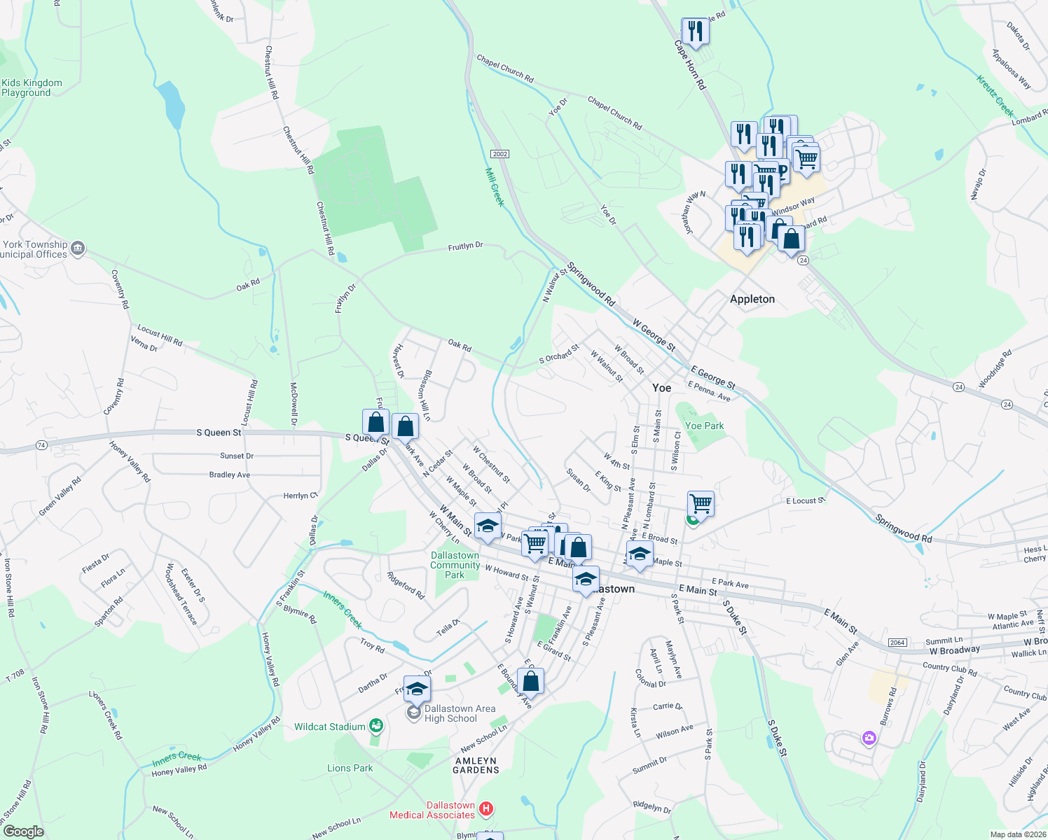 map of restaurants, bars, coffee shops, grocery stores, and more near 776 Franlyn Dr in Dallastown