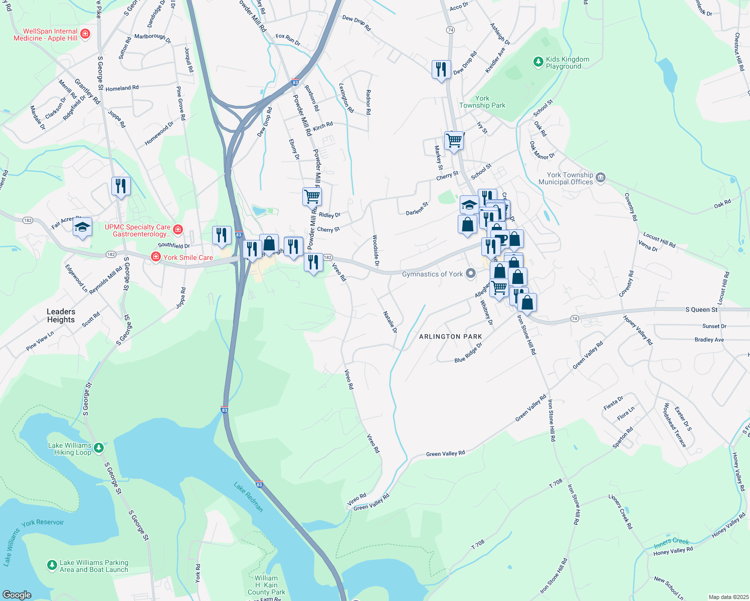 map of restaurants, bars, coffee shops, grocery stores, and more near 2613 Natalie Drive in York