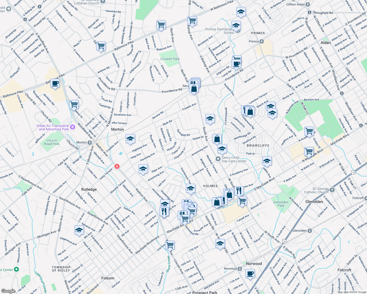 map of restaurants, bars, coffee shops, grocery stores, and more near 2371 Chipmunk Lane in Delaware County